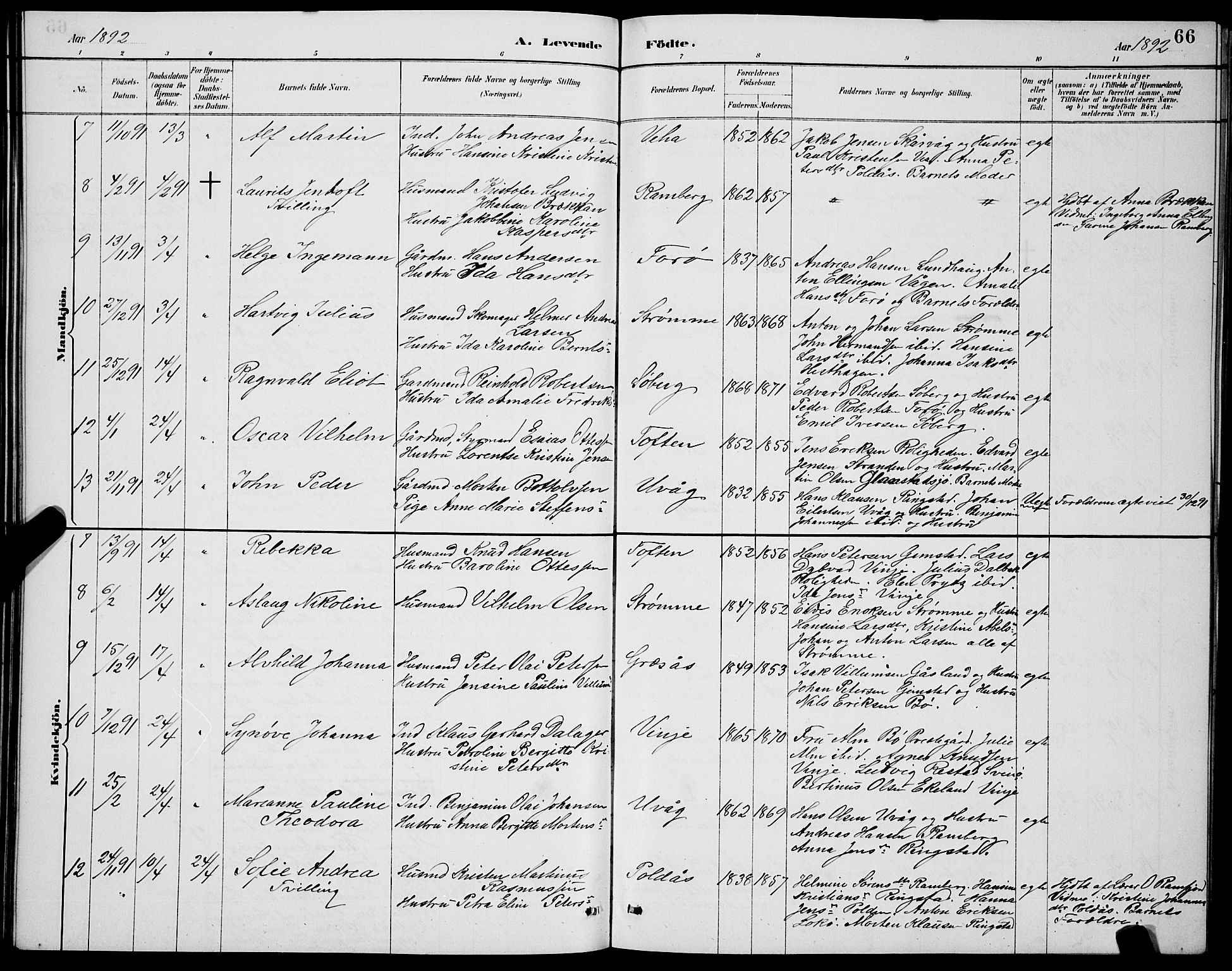 Ministerialprotokoller, klokkerbøker og fødselsregistre - Nordland, AV/SAT-A-1459/891/L1315: Parish register (copy) no. 891C04, 1886-1893, p. 66