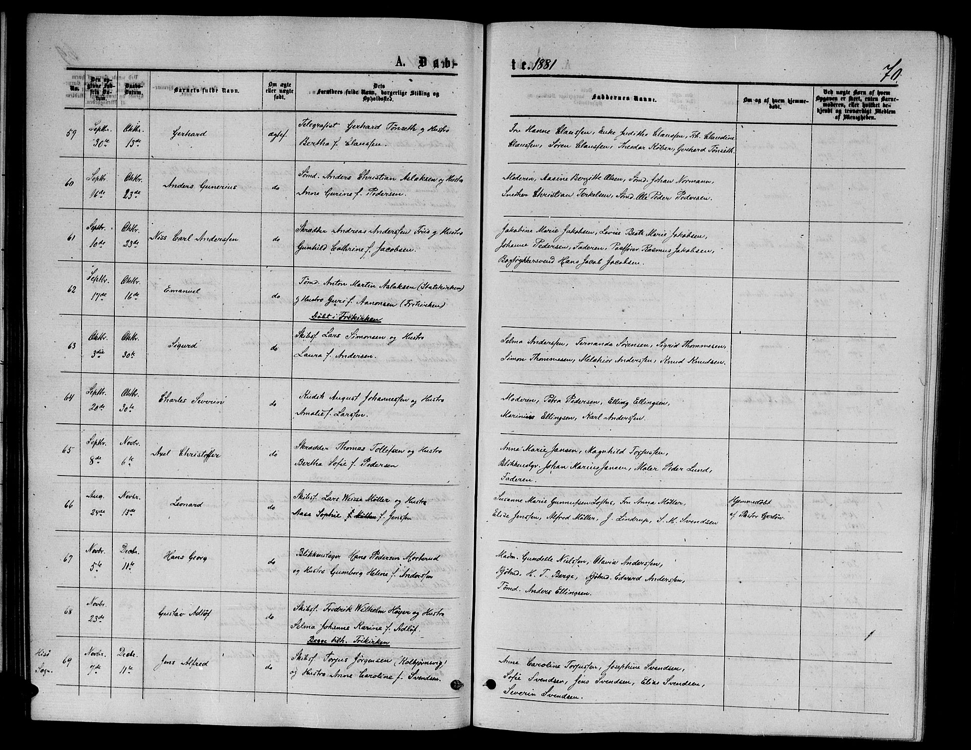 Arendal sokneprestkontor, Trefoldighet, AV/SAK-1111-0040/F/Fb/L0005: Parish register (copy) no. B 5, 1874-1888, p. 70