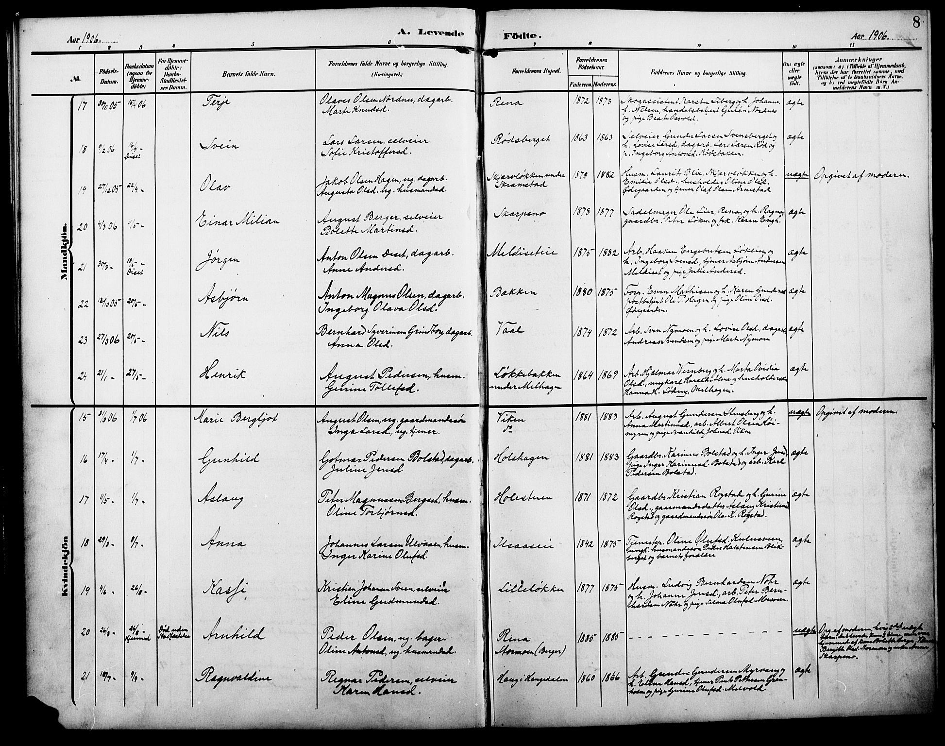 Åmot prestekontor, Hedmark, AV/SAH-PREST-056/H/Ha/Hab/L0004: Parish register (copy) no. 4, 1905-1920, p. 8