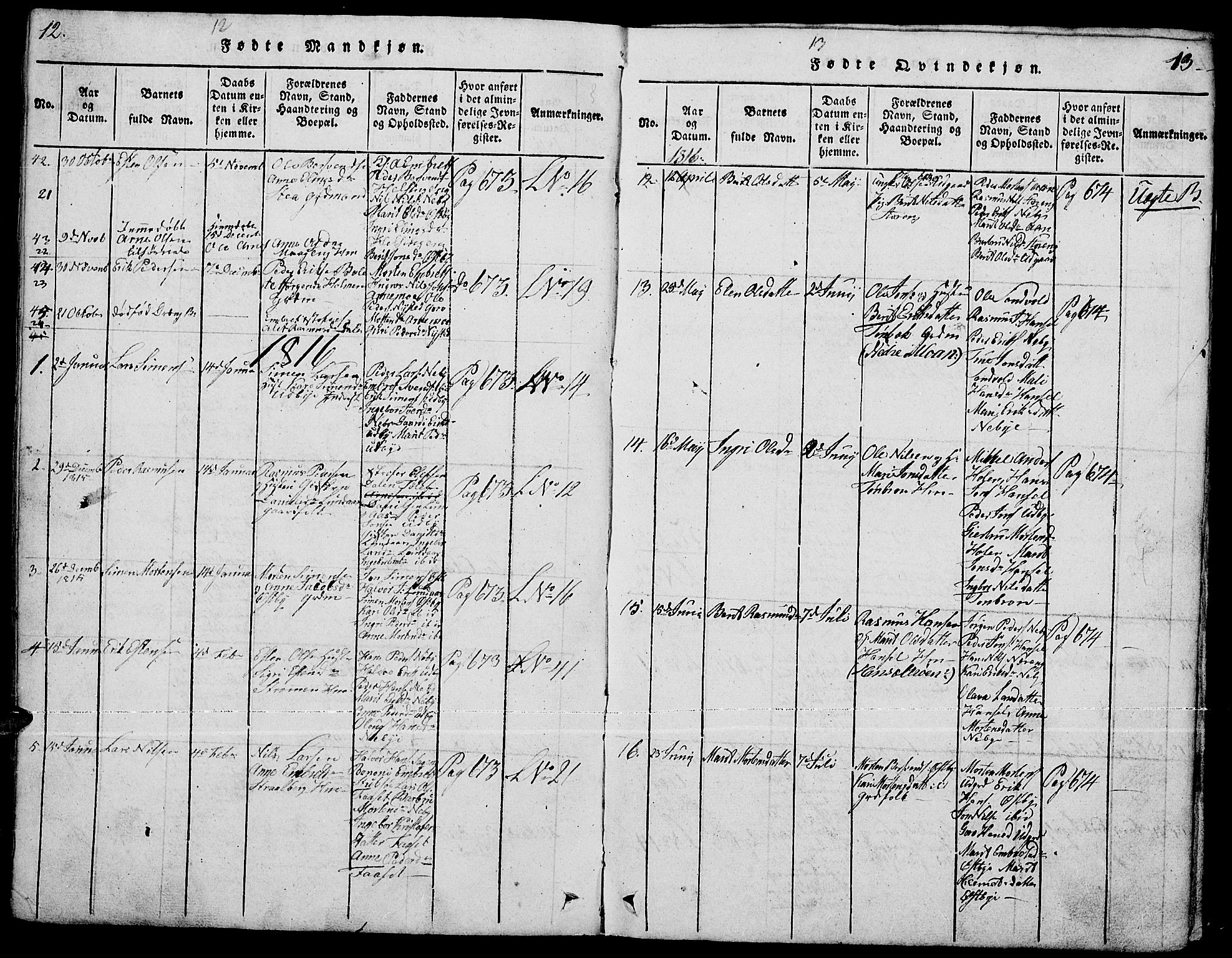 Tynset prestekontor, AV/SAH-PREST-058/H/Ha/Hab/L0001: Parish register (copy) no. 1, 1814-1859, p. 12-13