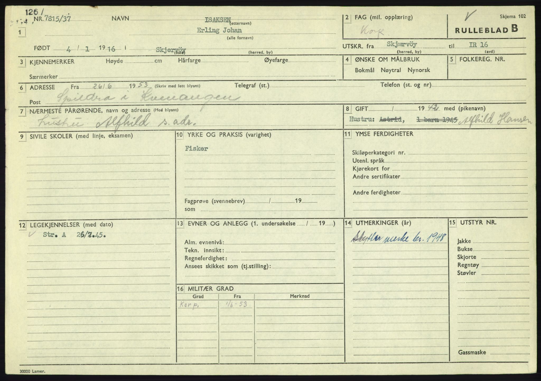 Forsvaret, Troms infanteriregiment nr. 16, AV/RA-RAFA-3146/P/Pa/L0021: Rulleblad for regimentets menige mannskaper, årsklasse 1937, 1937, p. 421