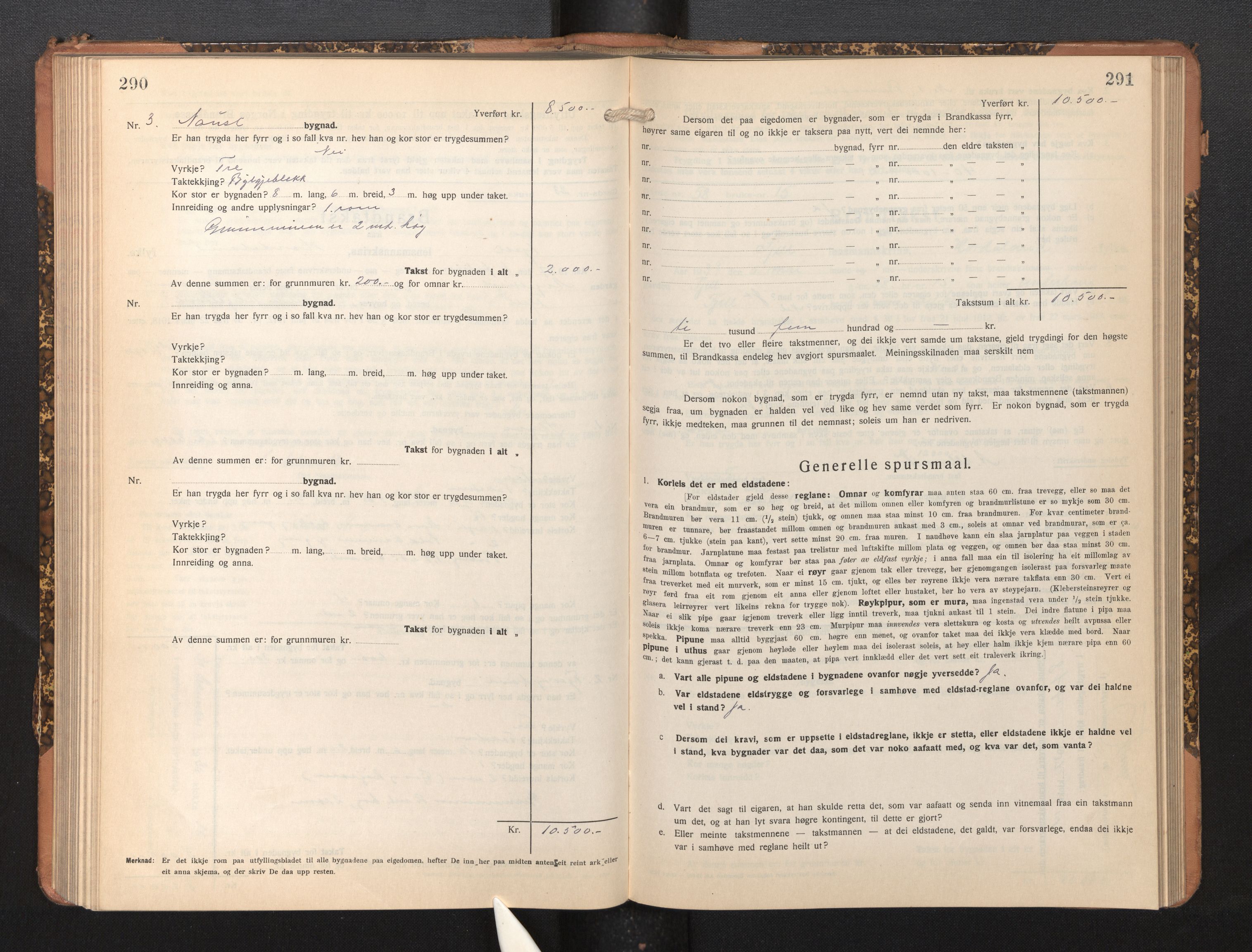 Lensmannen i Fjell, SAB/A-32301/0012/L0006: Branntakstprotokoll, skjematakst, 1931-1945, p. 290-291