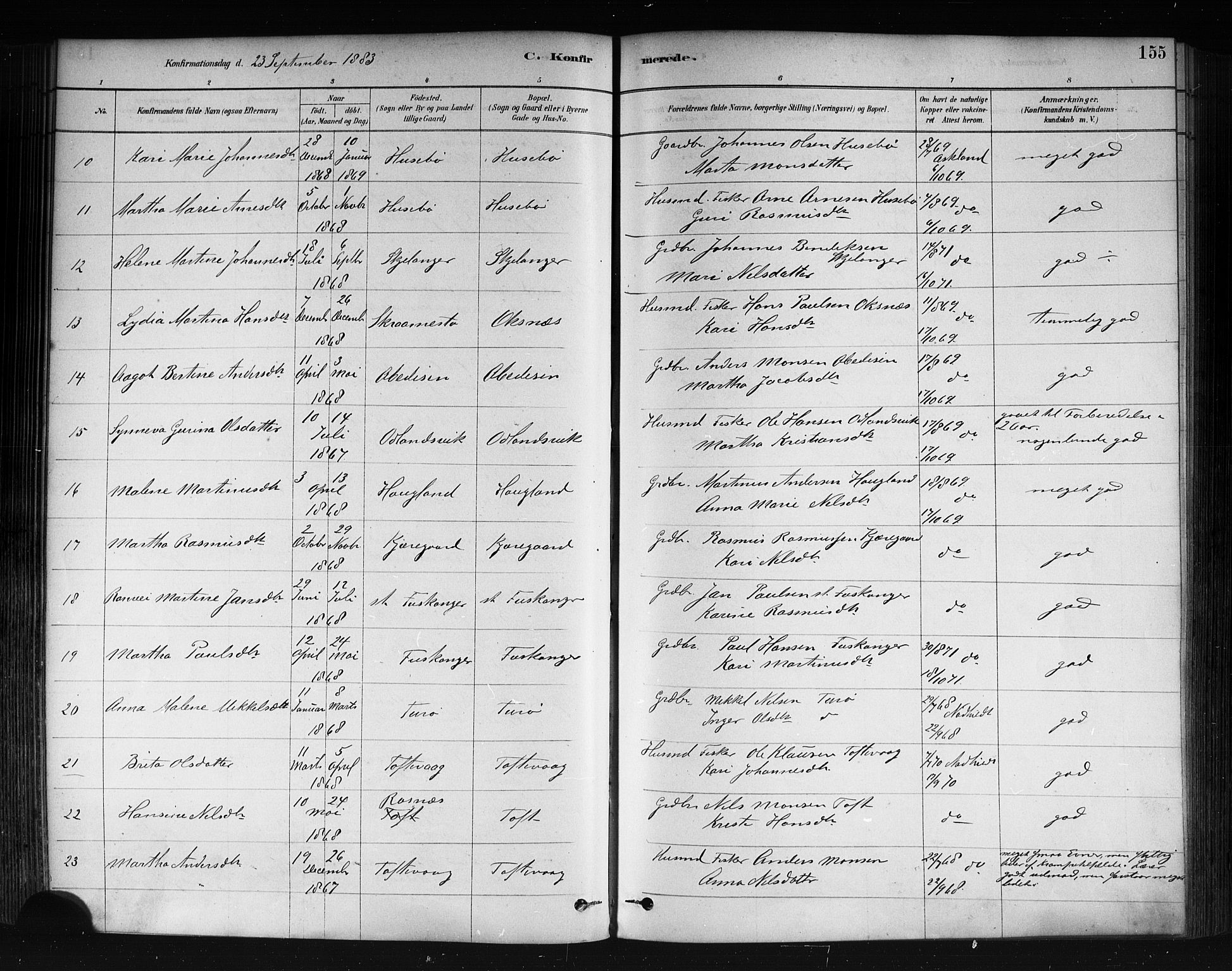 Herdla Sokneprestembete, AV/SAB-A-75701/H/Haa: Parish register (official) no. A 3, 1878-1890, p. 155