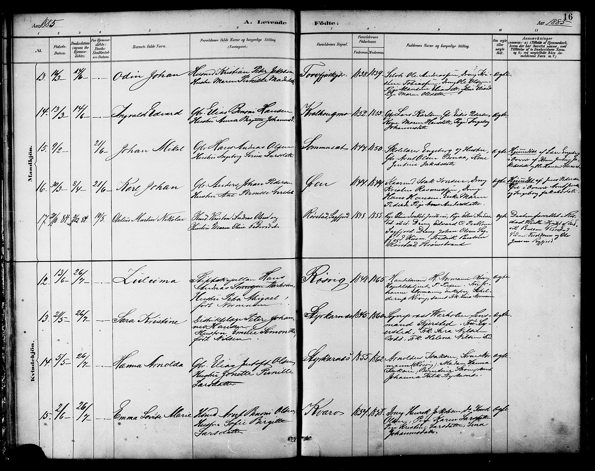 Ministerialprotokoller, klokkerbøker og fødselsregistre - Nordland, AV/SAT-A-1459/854/L0777: Parish register (official) no. 854A01 /1, 1883-1891, p. 16