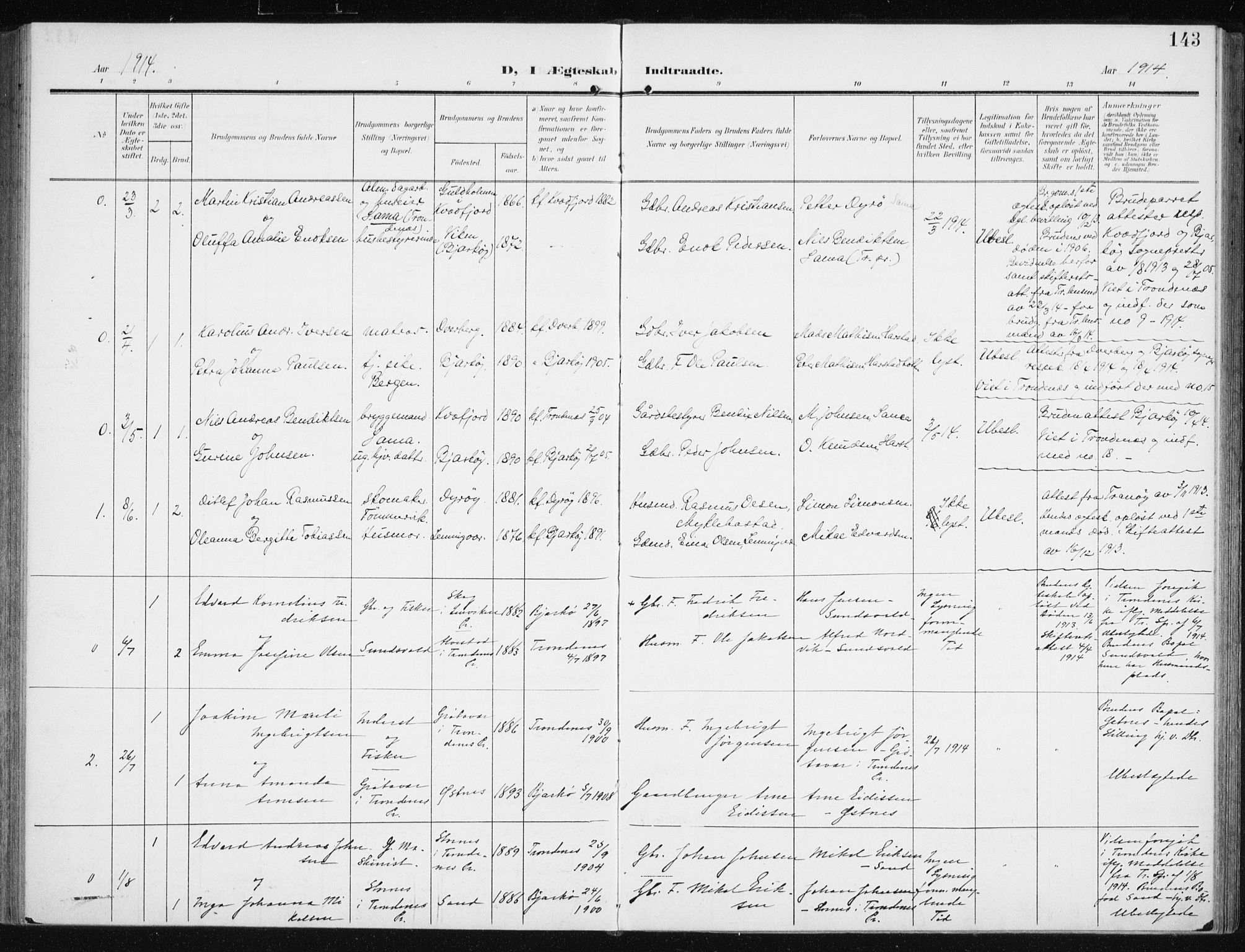 Sand/Bjarkøy sokneprestkontor, AV/SATØ-S-0811/I/Ia/Iaa/L0005kirke: Parish register (official) no. 5, 1905-1914, p. 143