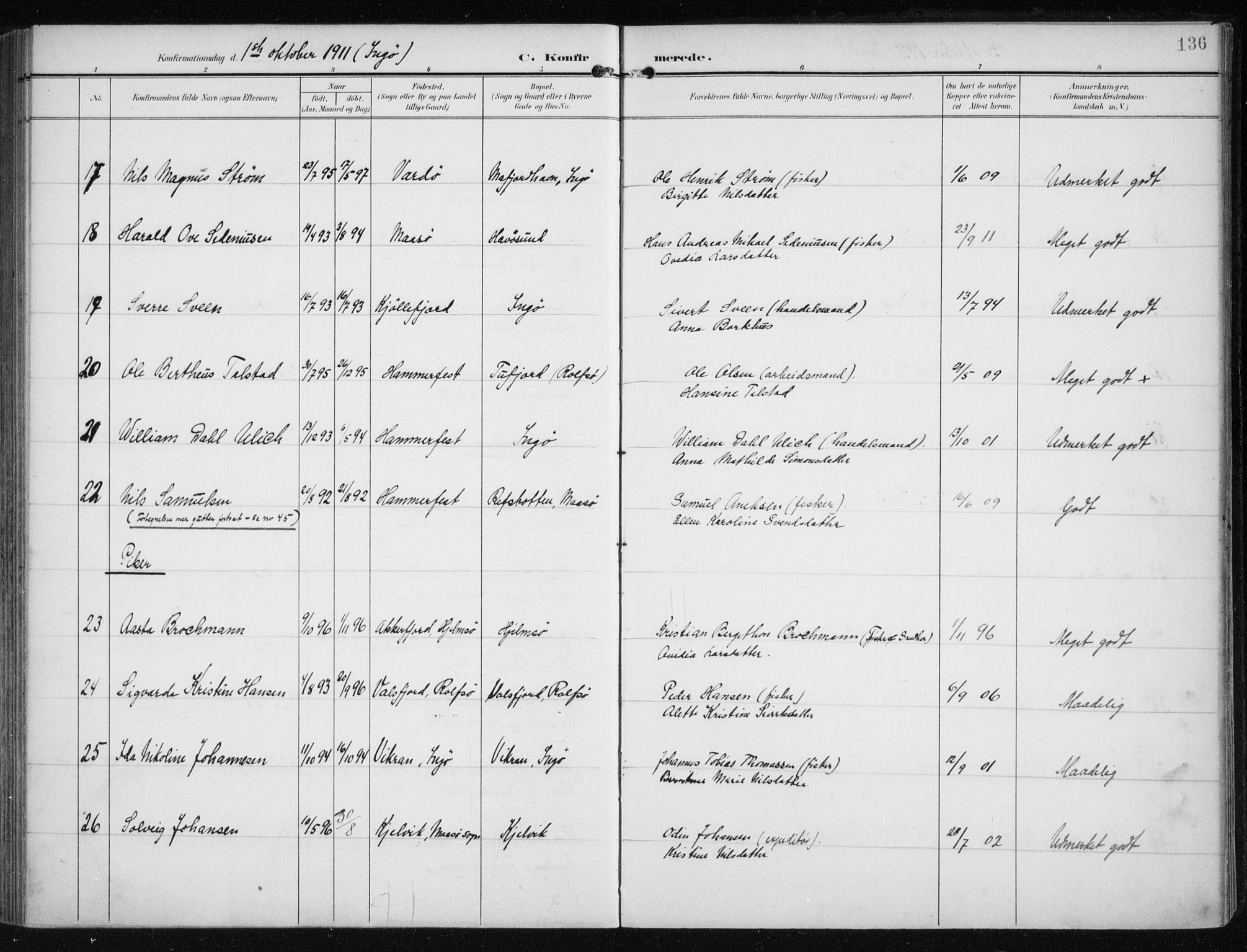 Måsøy sokneprestkontor, AV/SATØ-S-1348/H/Ha/L0009kirke: Parish register (official) no. 9, 1903-1914, p. 136