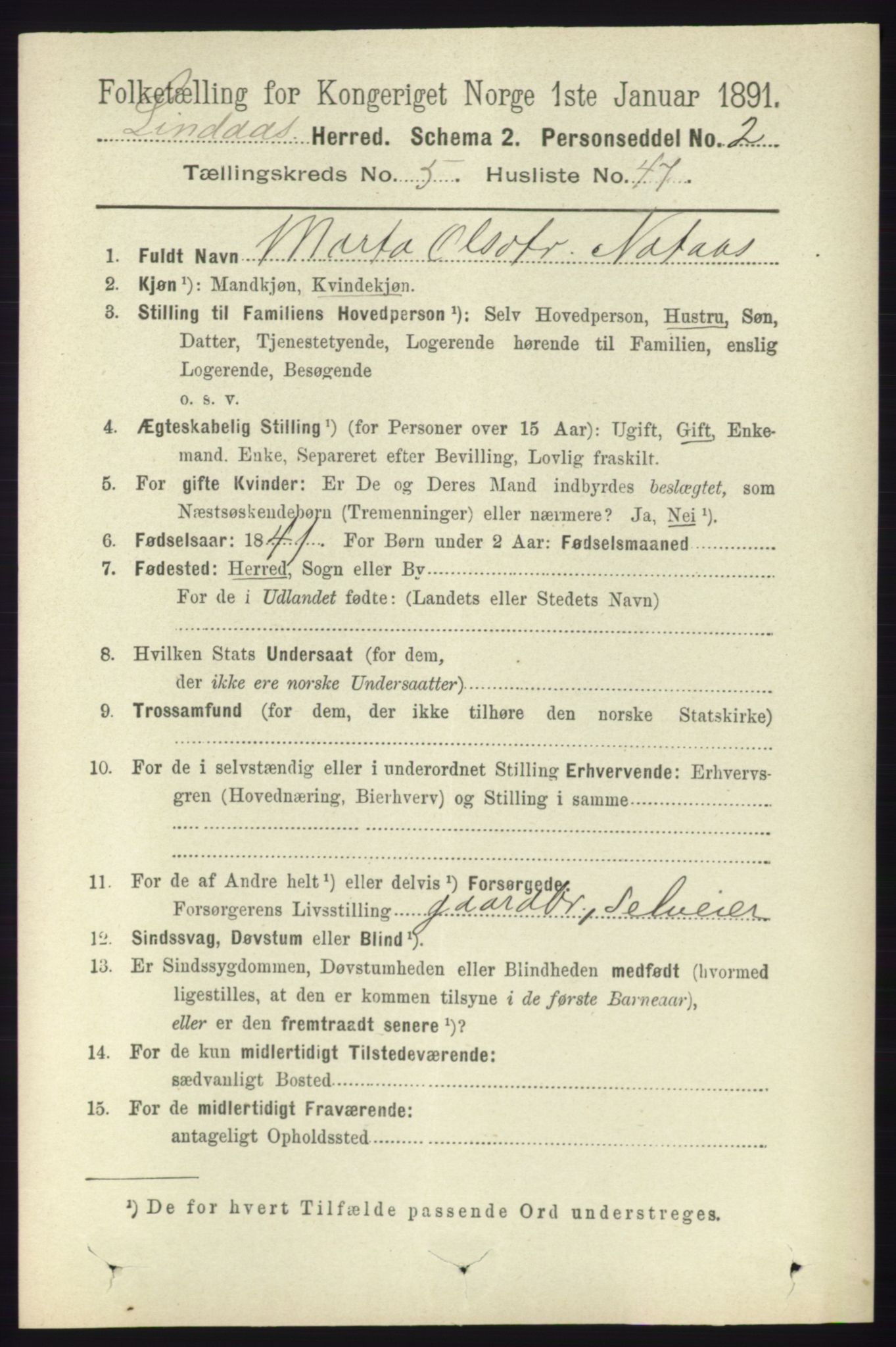 RA, 1891 census for 1263 Lindås, 1891, p. 1812