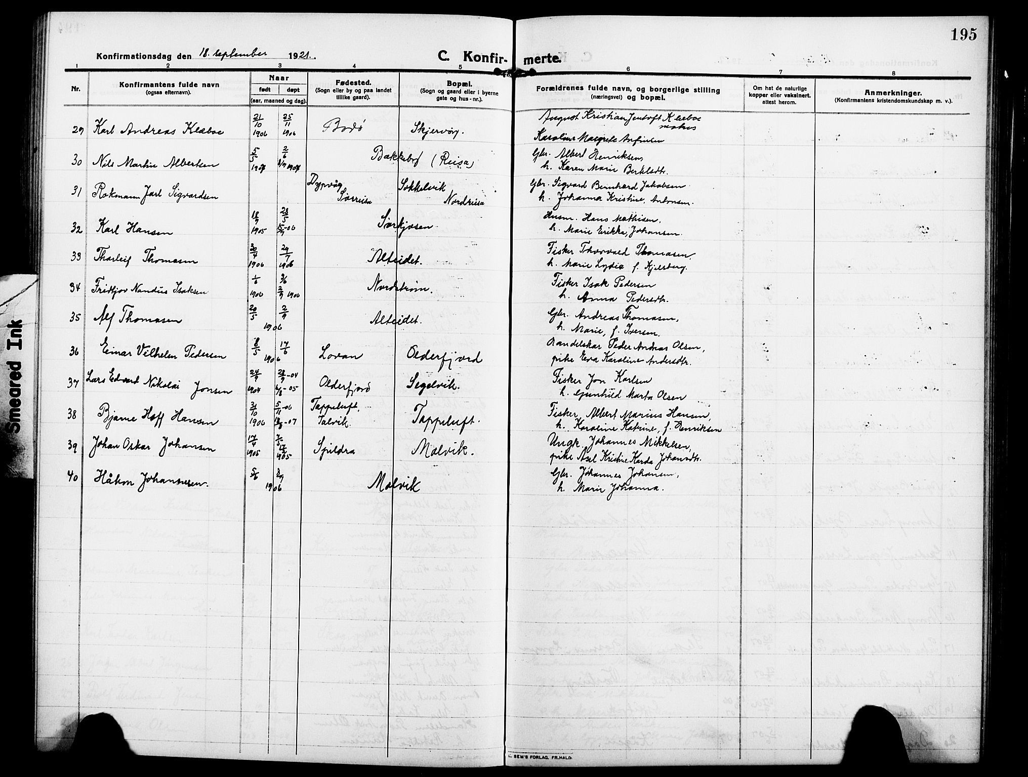 Skjervøy sokneprestkontor, AV/SATØ-S-1300/H/Ha/Hab/L0009klokker: Parish register (copy) no. 9, 1911-1926, p. 195