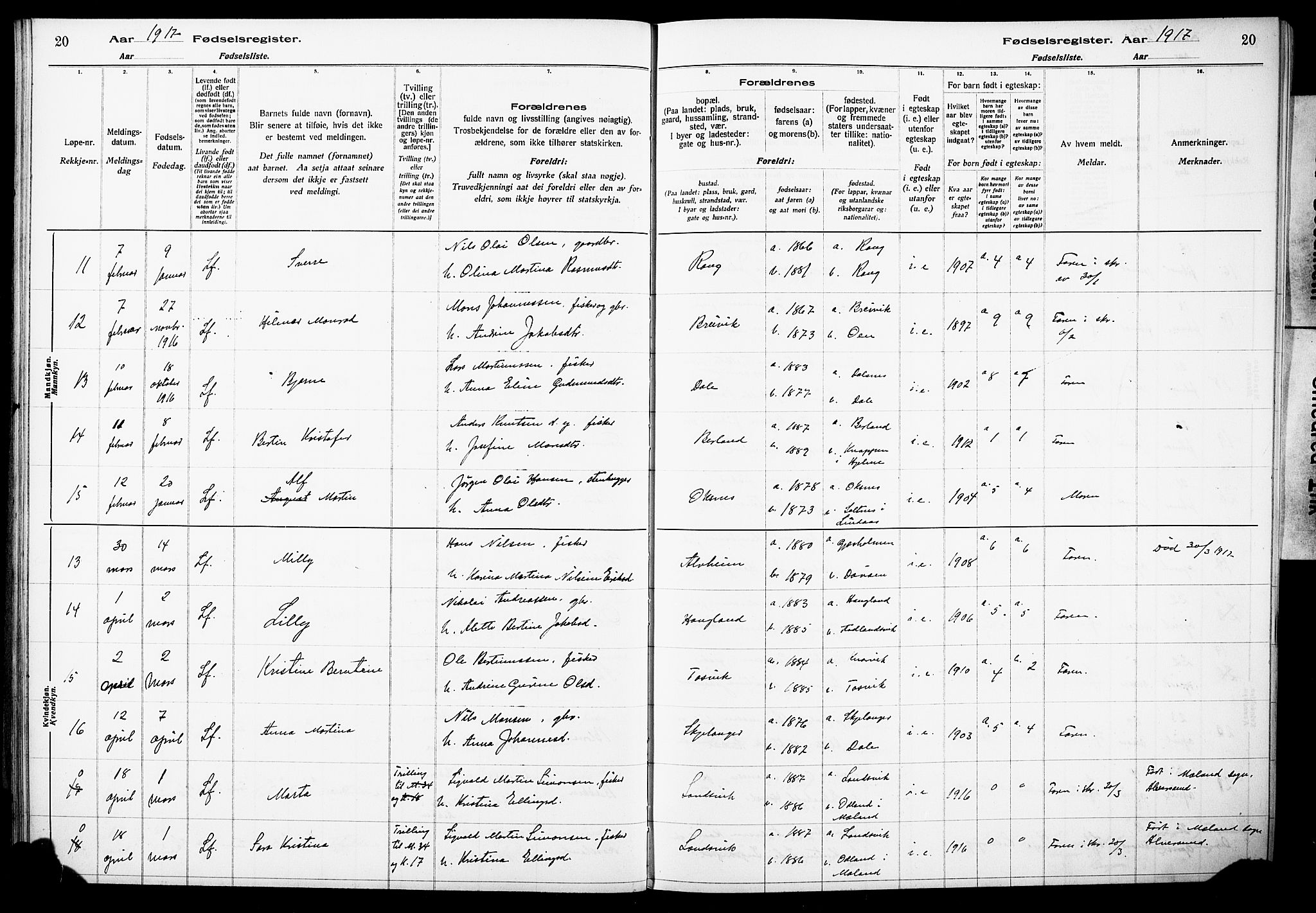 Herdla Sokneprestembete, AV/SAB-A-75701/I/Id/L00A1: Birth register no. A 1, 1916-1929, p. 20