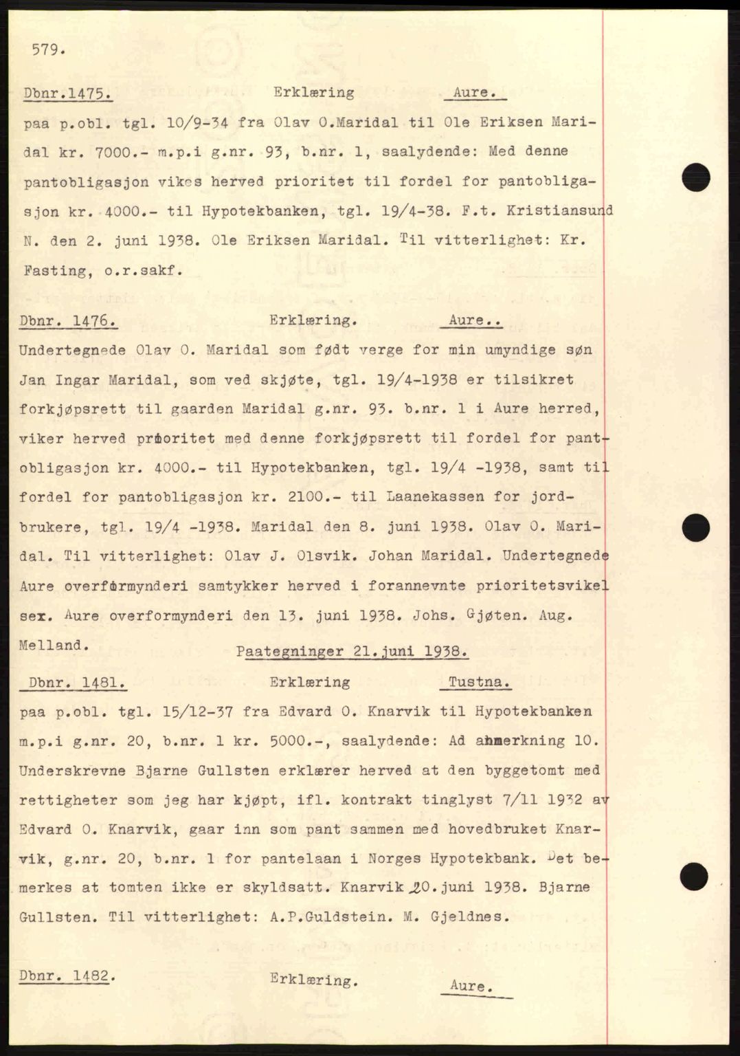 Nordmøre sorenskriveri, AV/SAT-A-4132/1/2/2Ca: Mortgage book no. C80, 1936-1939, Diary no: : 1475/1938