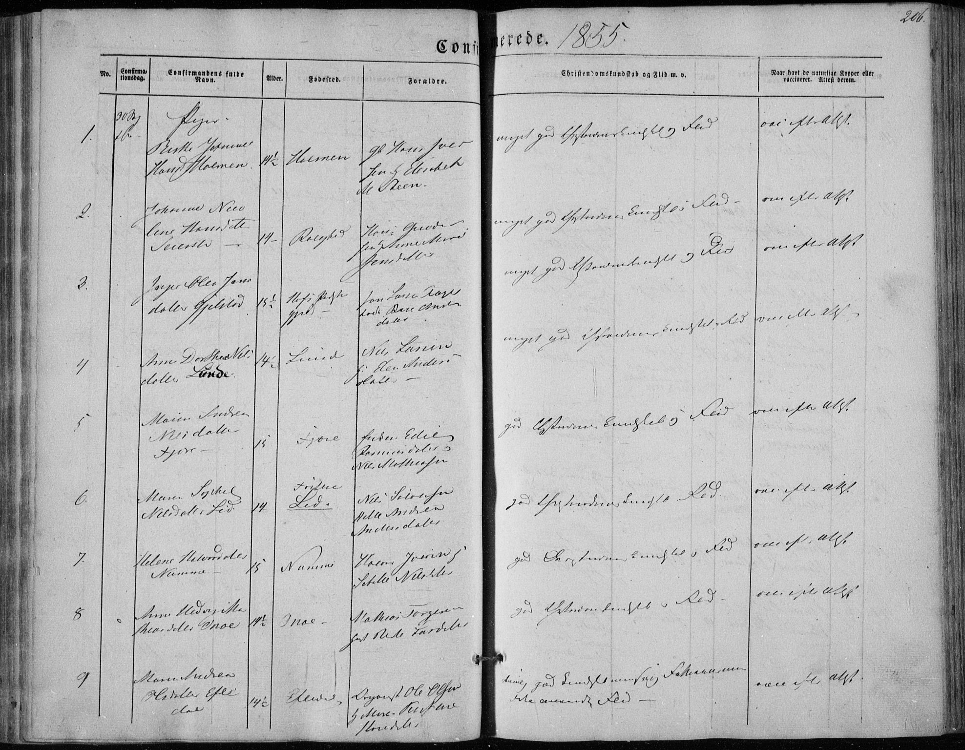 Hedrum kirkebøker, AV/SAKO-A-344/F/Fa/L0006: Parish register (official) no. I 6, 1849-1857, p. 206