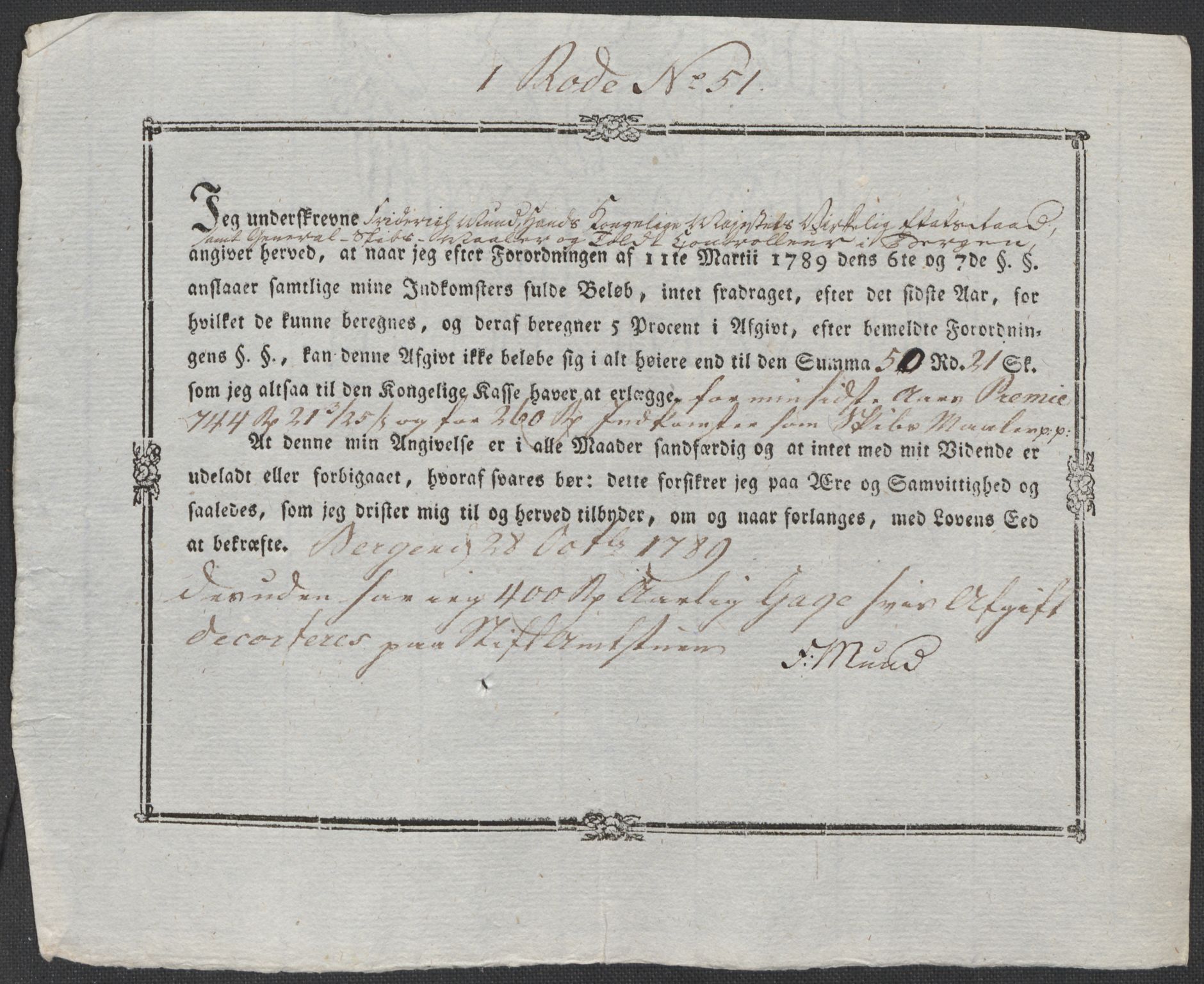 Rentekammeret inntil 1814, Reviderte regnskaper, Mindre regnskaper, RA/EA-4068/Rf/Rfe/L0003: Bergen. Bragernes, 1789, p. 216