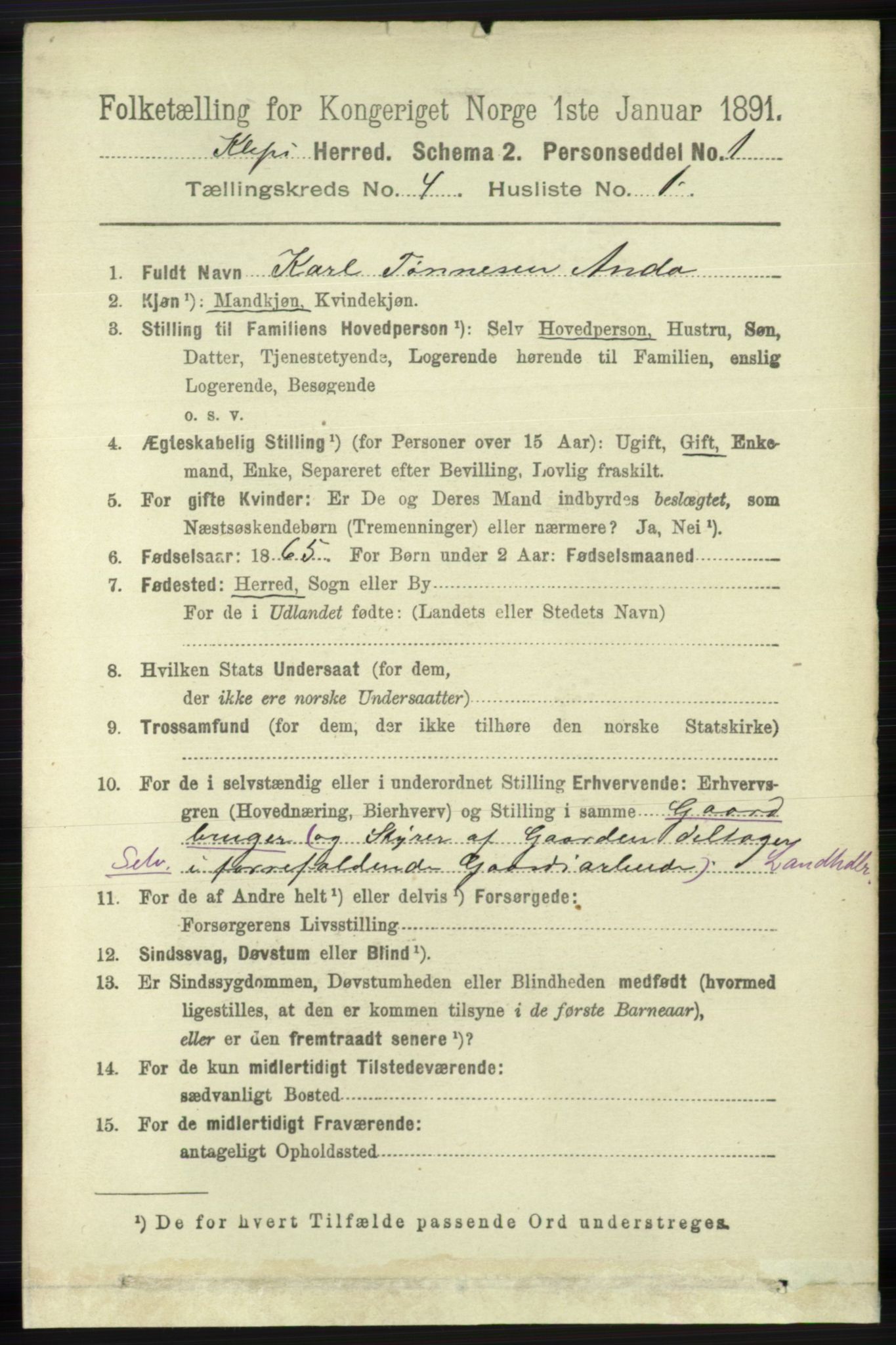 RA, 1891 census for 1120 Klepp, 1891, p. 949