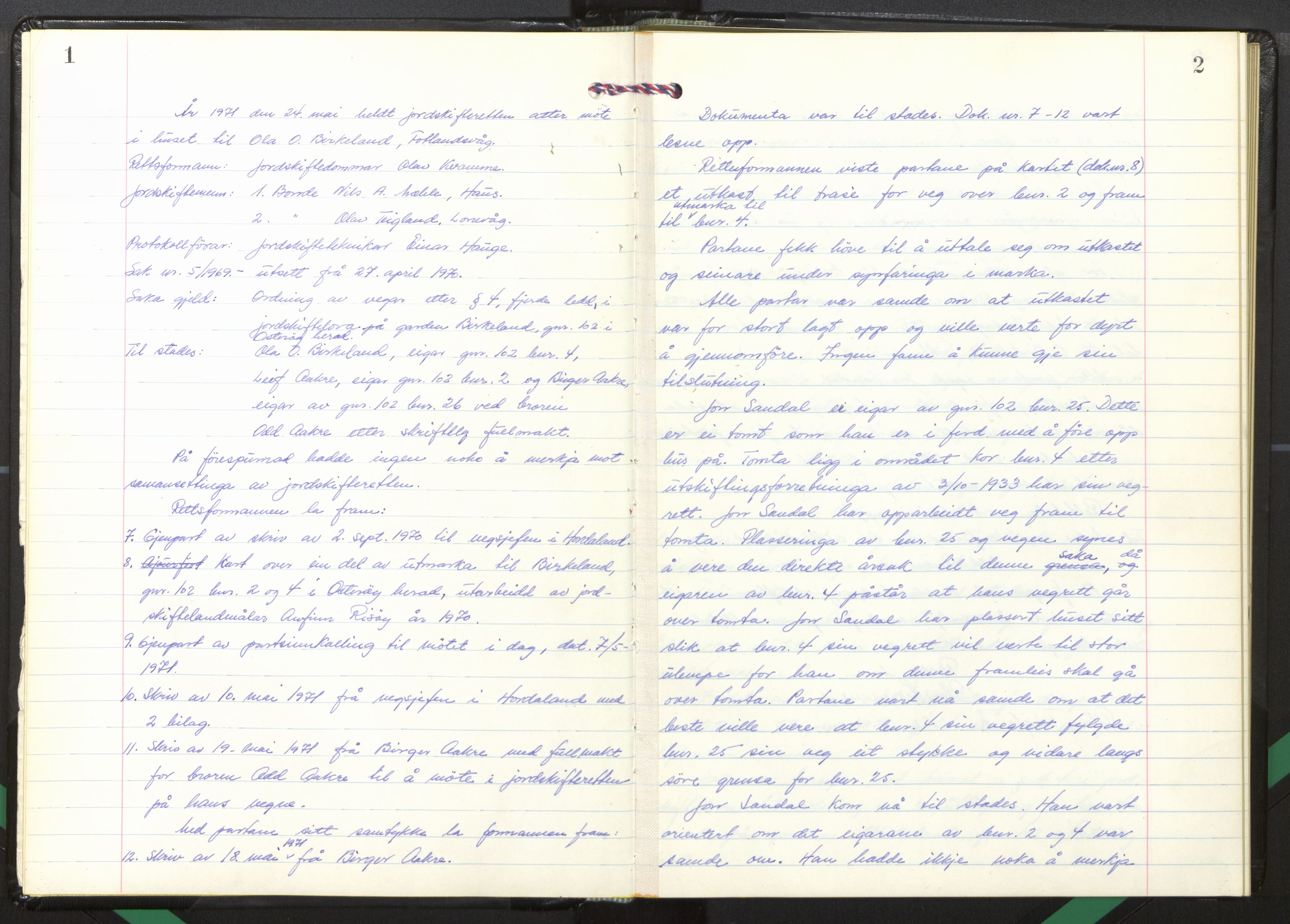 Hordaland jordskiftedøme - I Nordhordland jordskiftedistrikt, AV/SAB-A-6801/A/Aa/L0060: Forhandlingsprotokoll, 1971-1976, p. 1-2