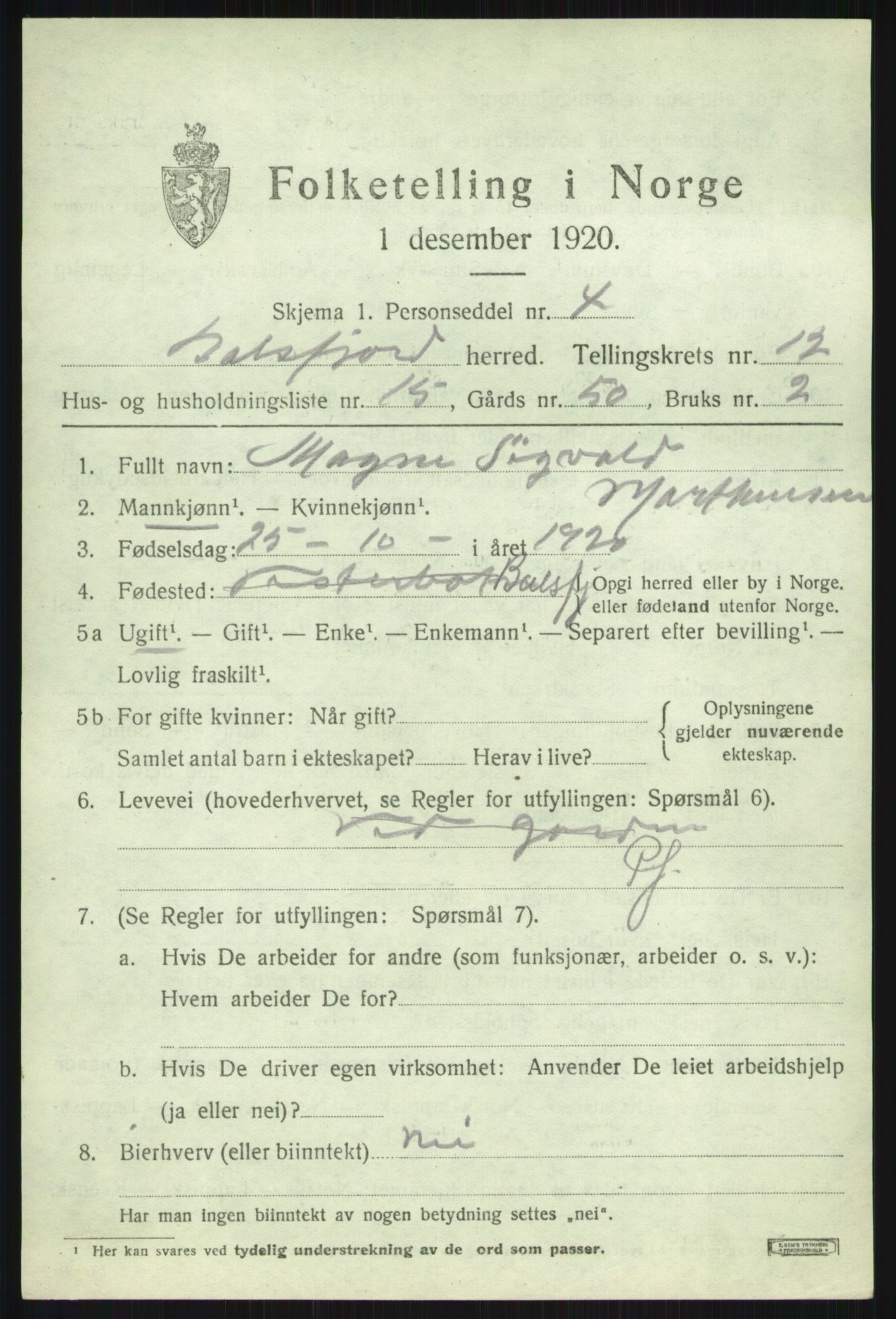 SATØ, 1920 census for Balsfjord, 1920, p. 7435
