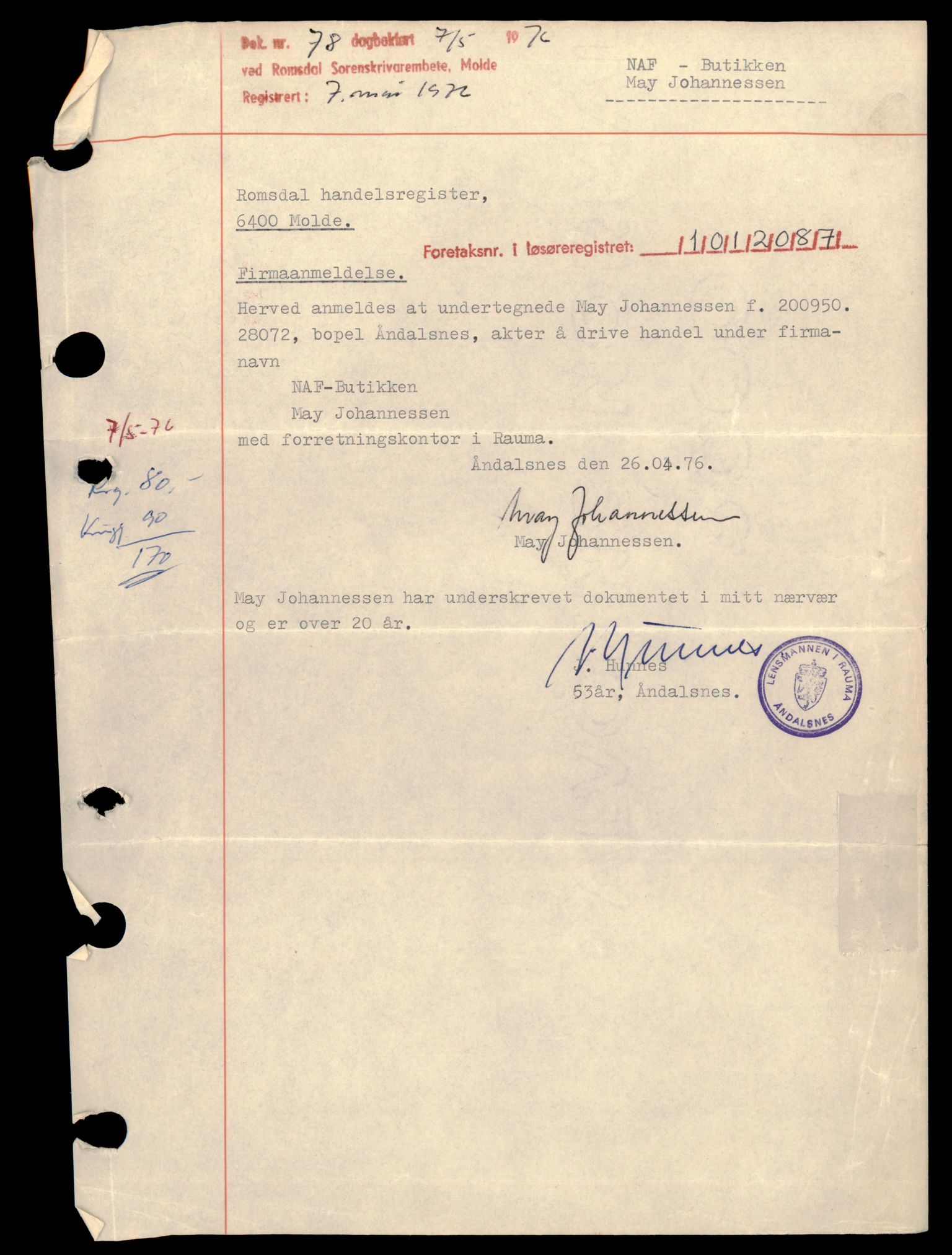 Romsdal sorenskriveri, AV/SAT-A-4149/2/J/Jc/Jce/L0002: Enkeltmannsforetak, O-Å, 1944-1990, p. 1