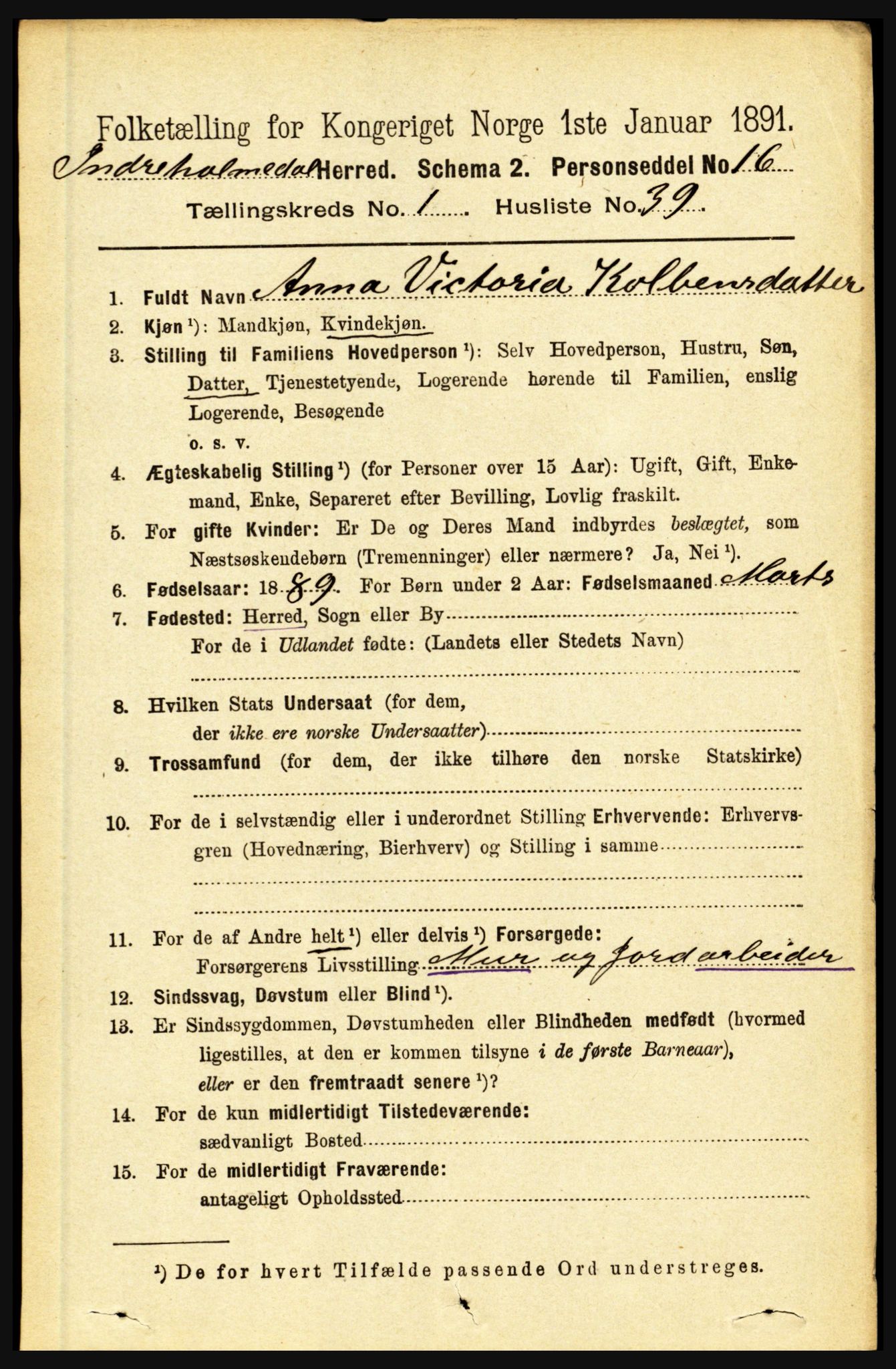 RA, 1891 census for 1430 Indre Holmedal, 1891, p. 368