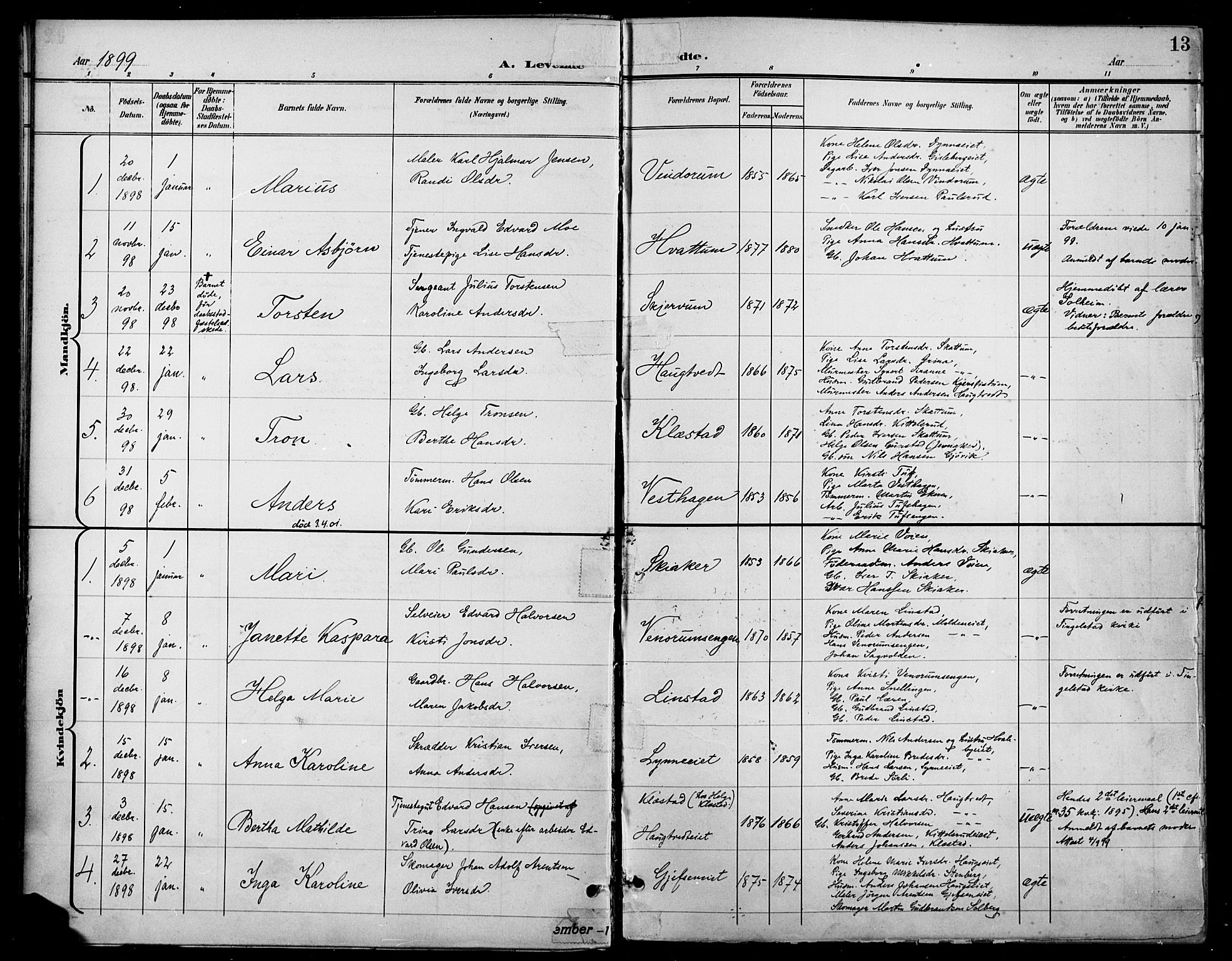 Gran prestekontor, SAH/PREST-112/H/Ha/Haa/L0019: Parish register (official) no. 19, 1898-1907, p. 13