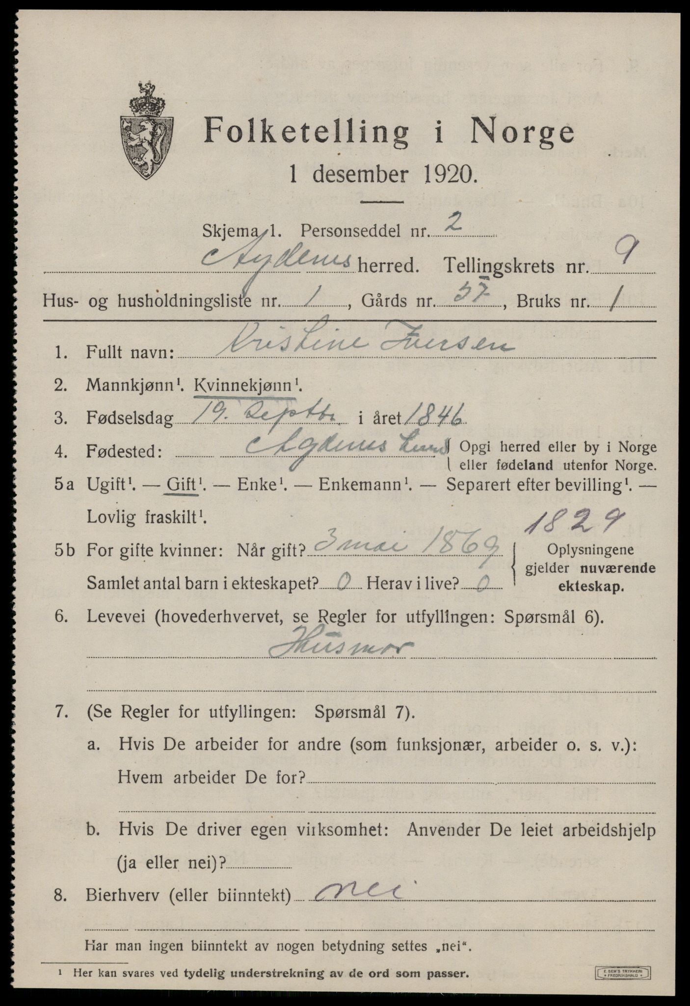 SAT, 1920 census for Agdenes, 1920, p. 3061