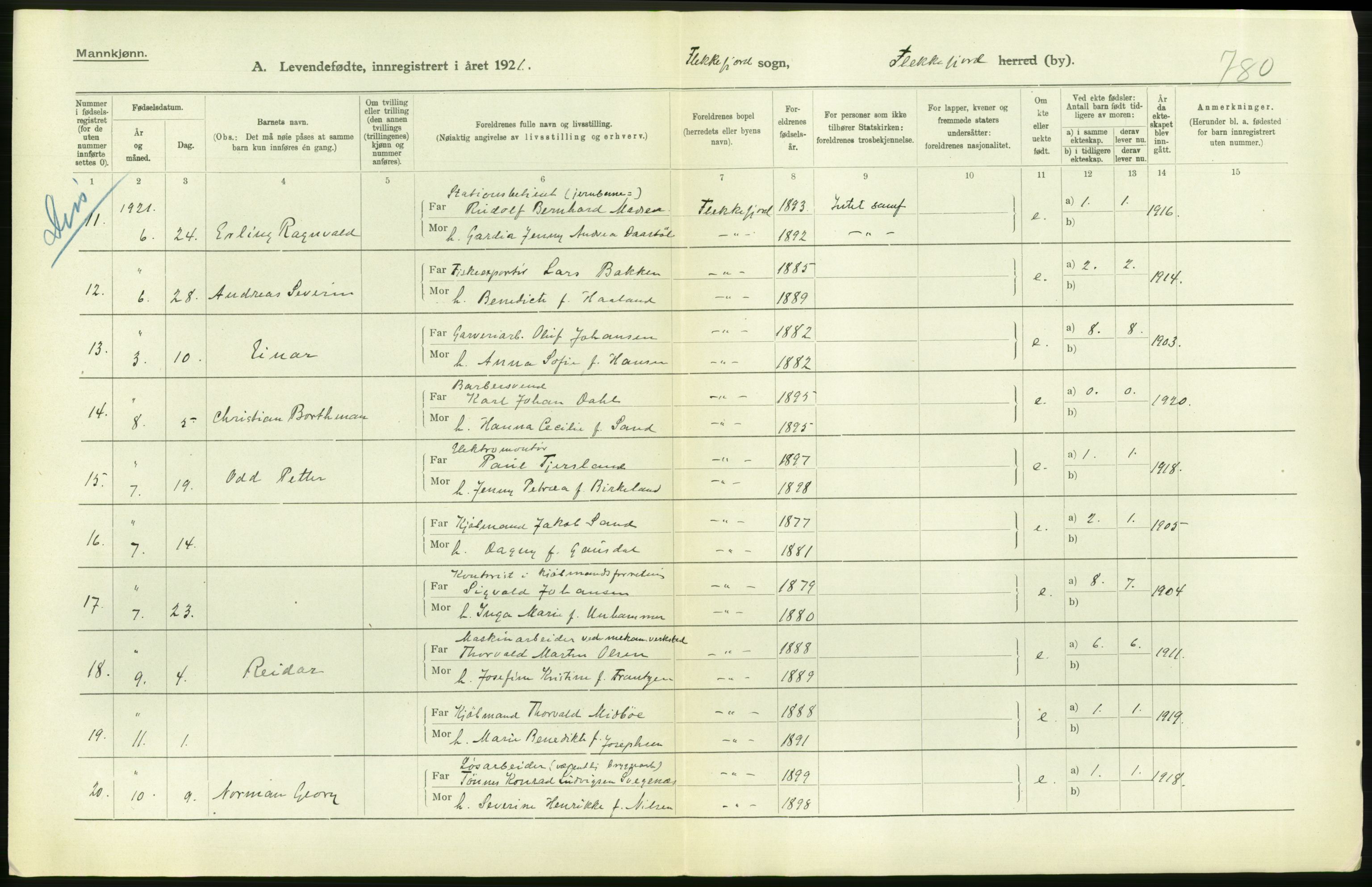 Statistisk sentralbyrå, Sosiodemografiske emner, Befolkning, AV/RA-S-2228/D/Df/Dfc/Dfca/L0026: Vest-Agder fylke: Levendefødte menn og kvinner. Bygder og byer., 1921, p. 392