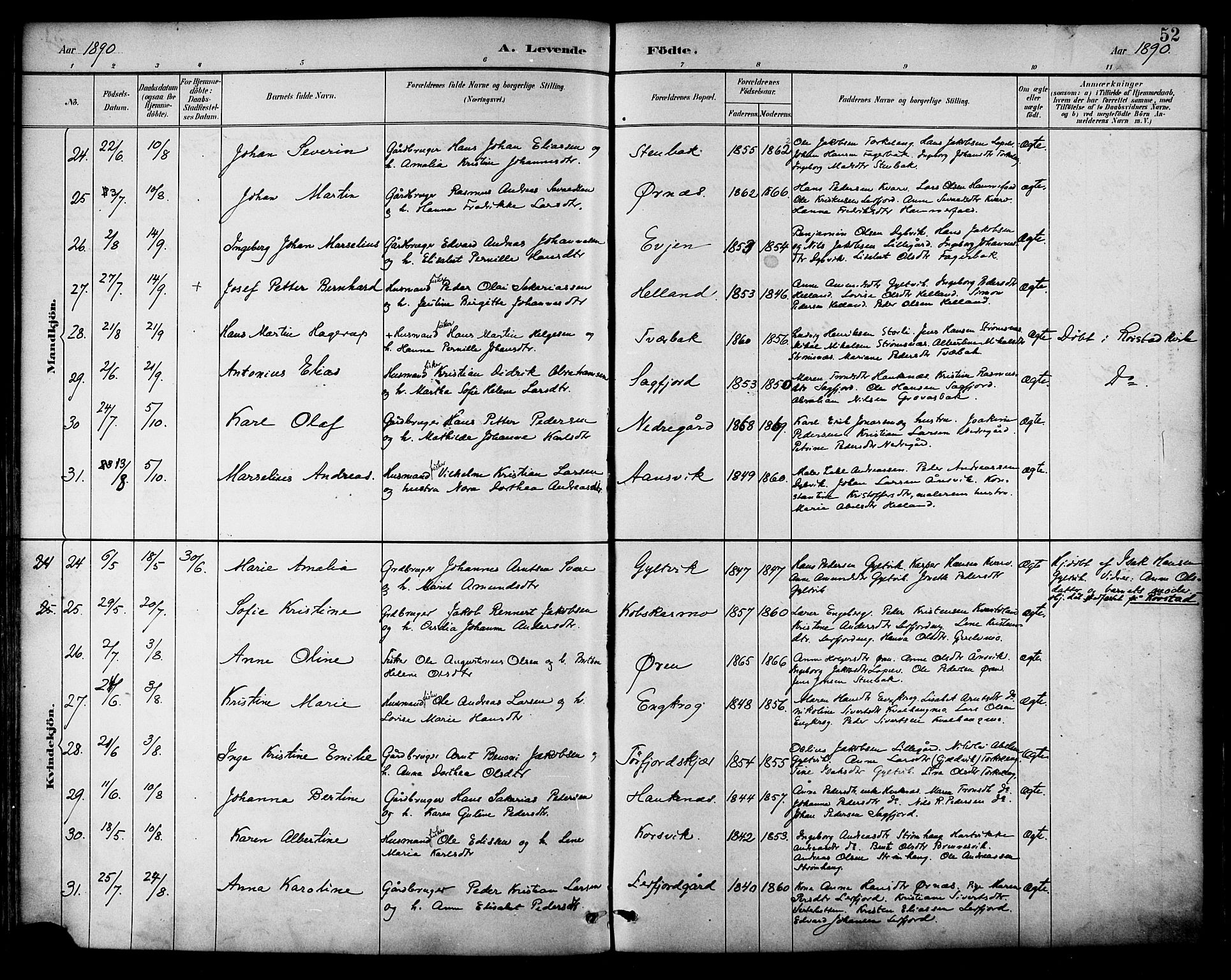 Ministerialprotokoller, klokkerbøker og fødselsregistre - Nordland, AV/SAT-A-1459/854/L0777: Parish register (official) no. 854A01 /1, 1883-1891, p. 52