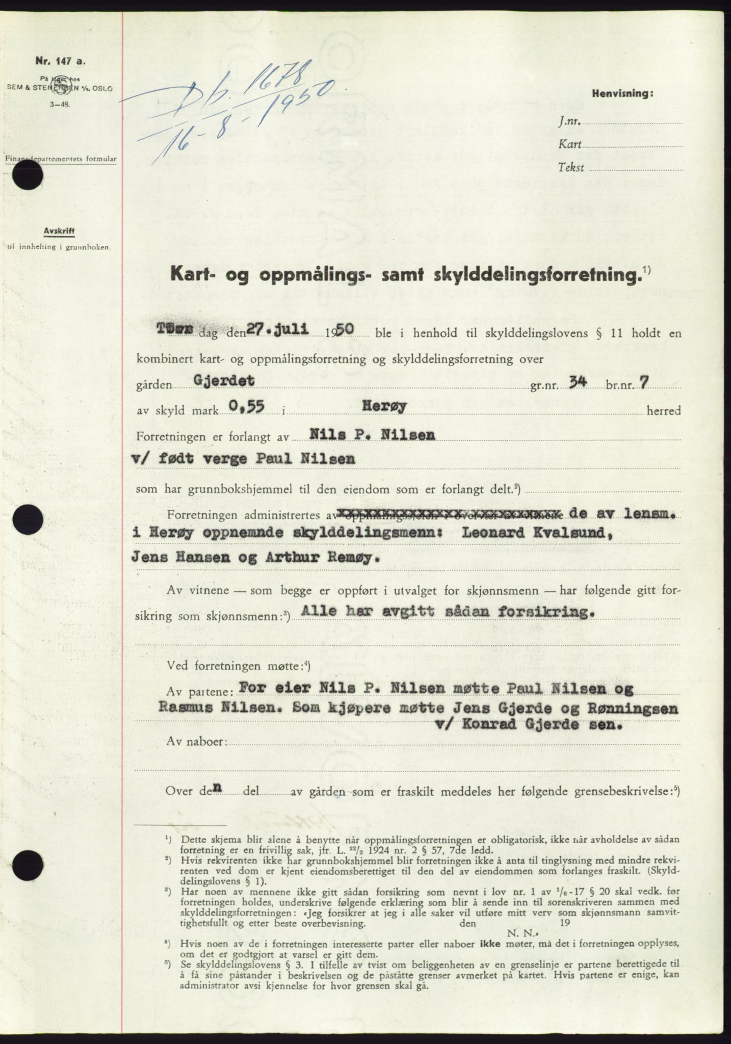 Søre Sunnmøre sorenskriveri, AV/SAT-A-4122/1/2/2C/L0087: Mortgage book no. 13A, 1950-1950, Diary no: : 1678/1950