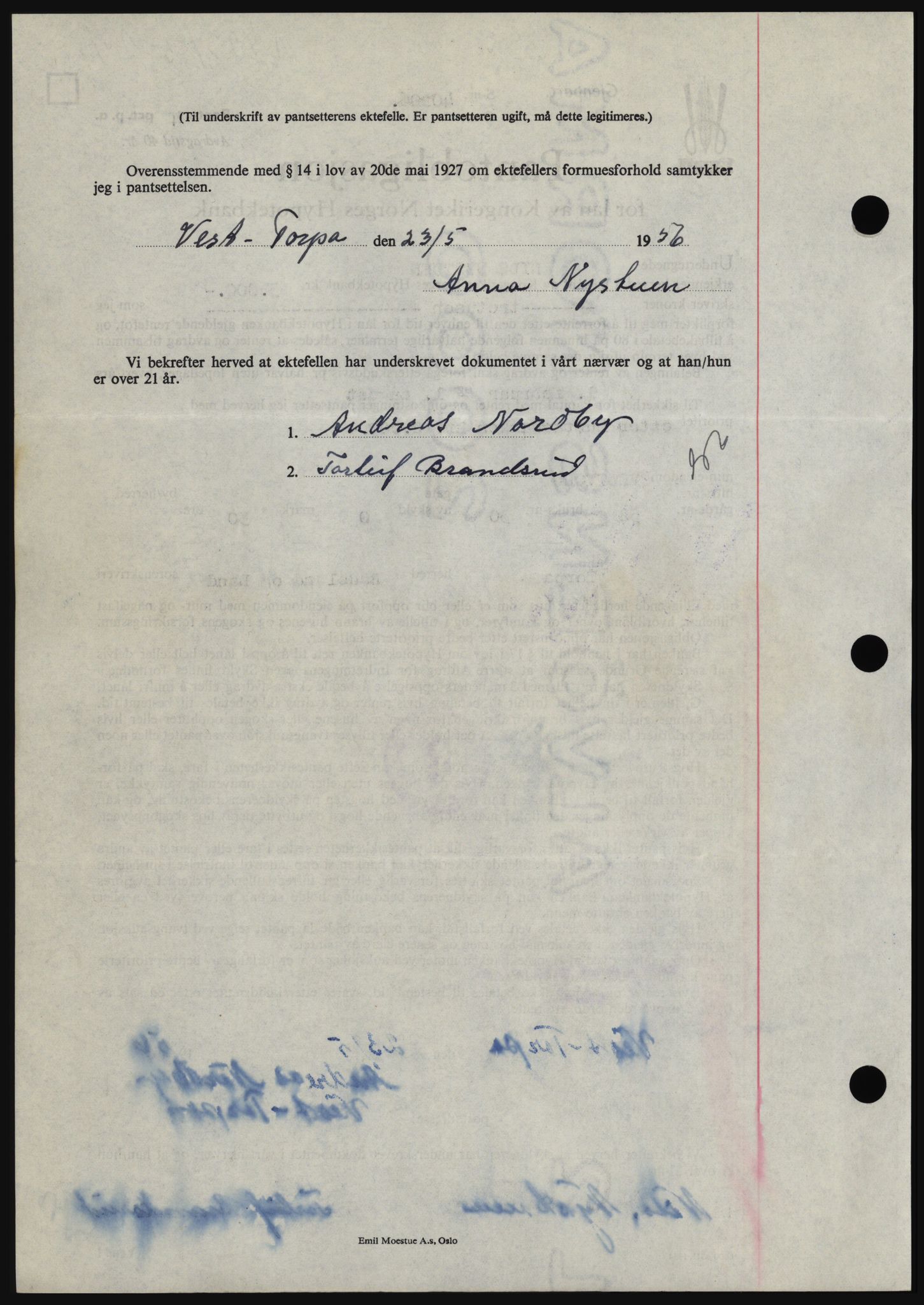 Hadeland og Land tingrett, SAH/TING-010/H/Hb/Hbc/L0034: Mortgage book no. B34, 1956-1956, Diary no: : 1323/1956