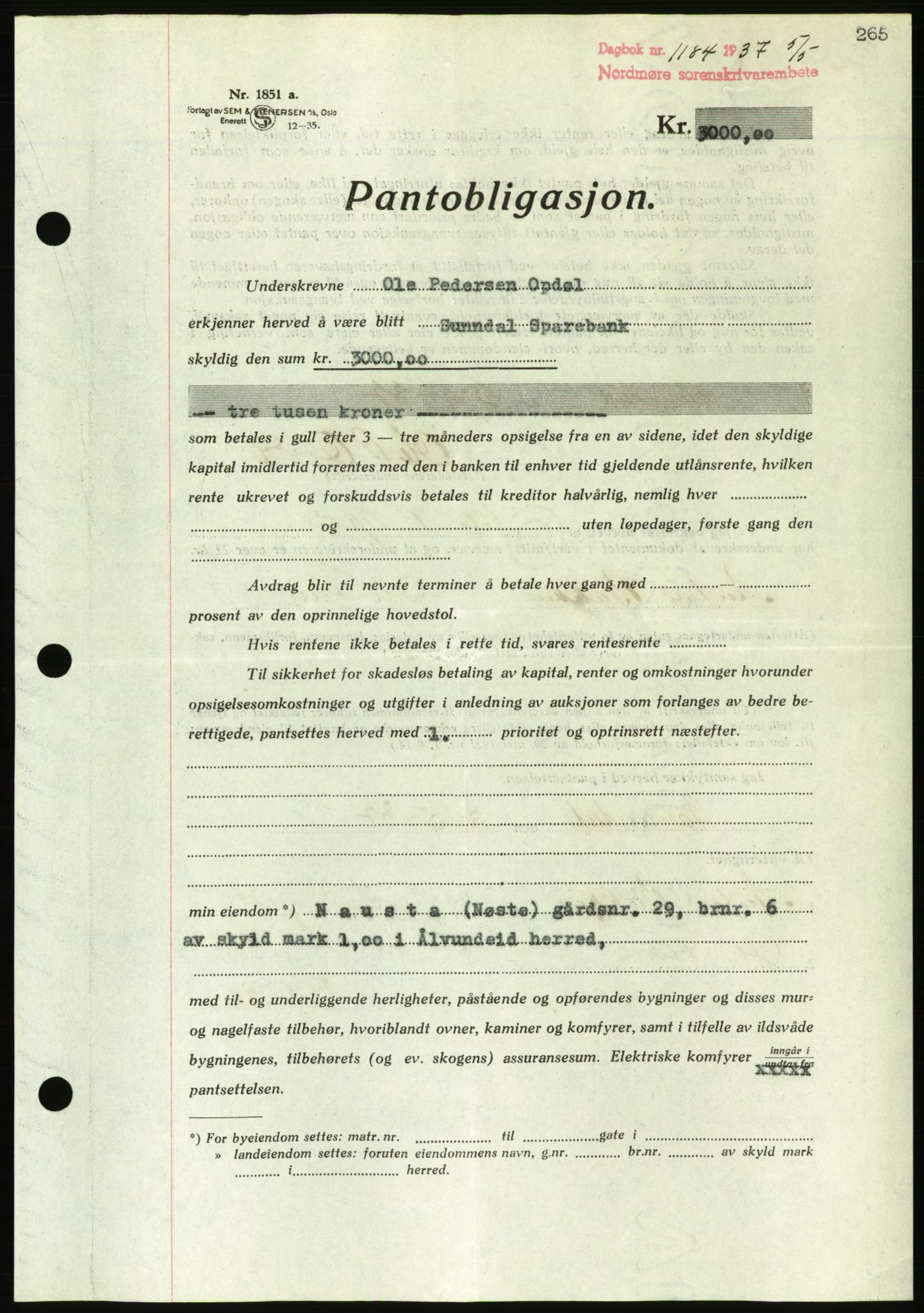 Nordmøre sorenskriveri, AV/SAT-A-4132/1/2/2Ca/L0091: Mortgage book no. B81, 1937-1937, Diary no: : 1184/1937