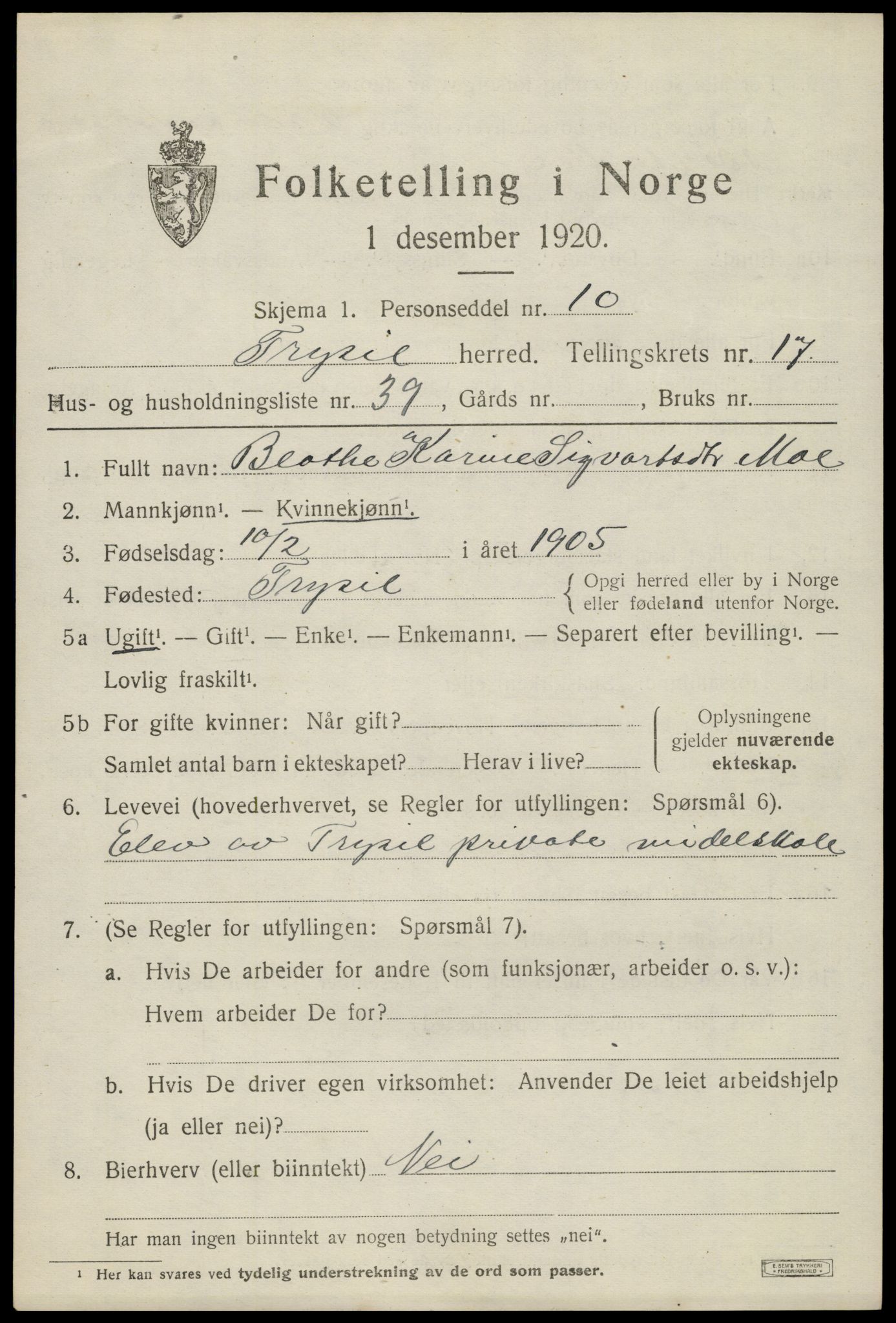 SAH, 1920 census for Trysil, 1920, p. 10667