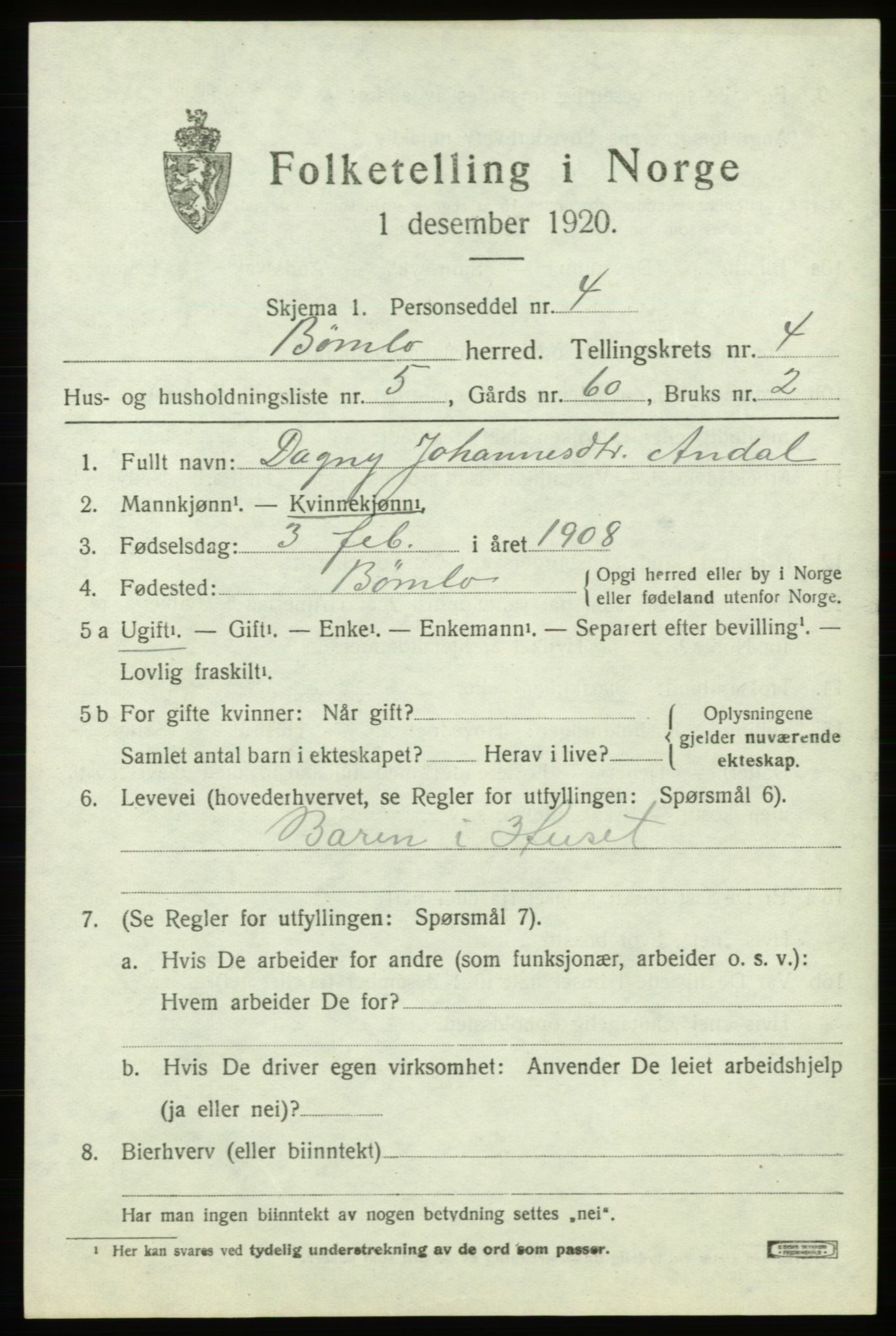 SAB, 1920 census for Bømlo, 1920, p. 2911