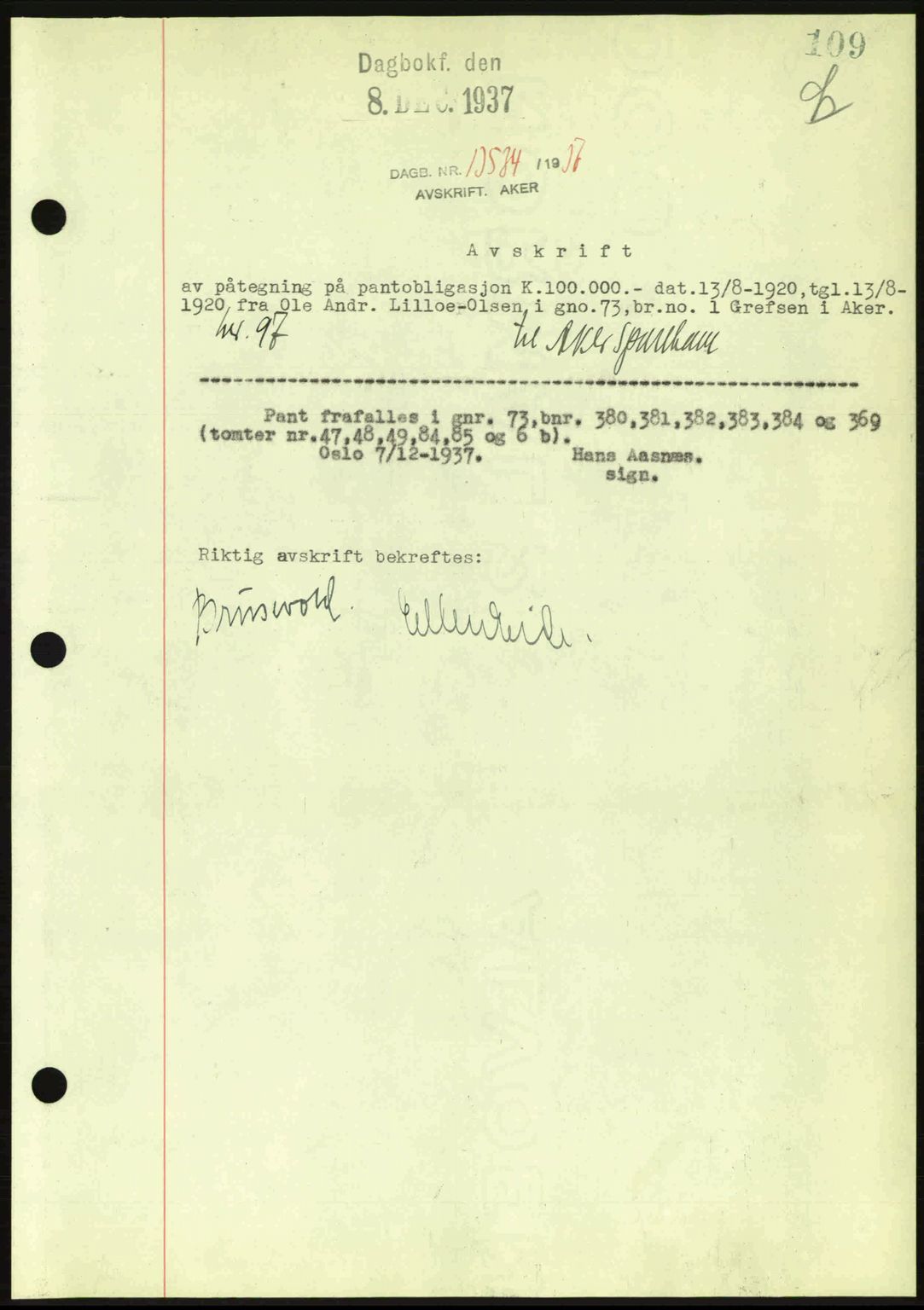 Aker herredsskriveri, SAO/A-10896/G/Gb/Gba/Gbac/L0005: Mortgage book no. B151-152, 1937-1938, Diary no: : 13534/1937