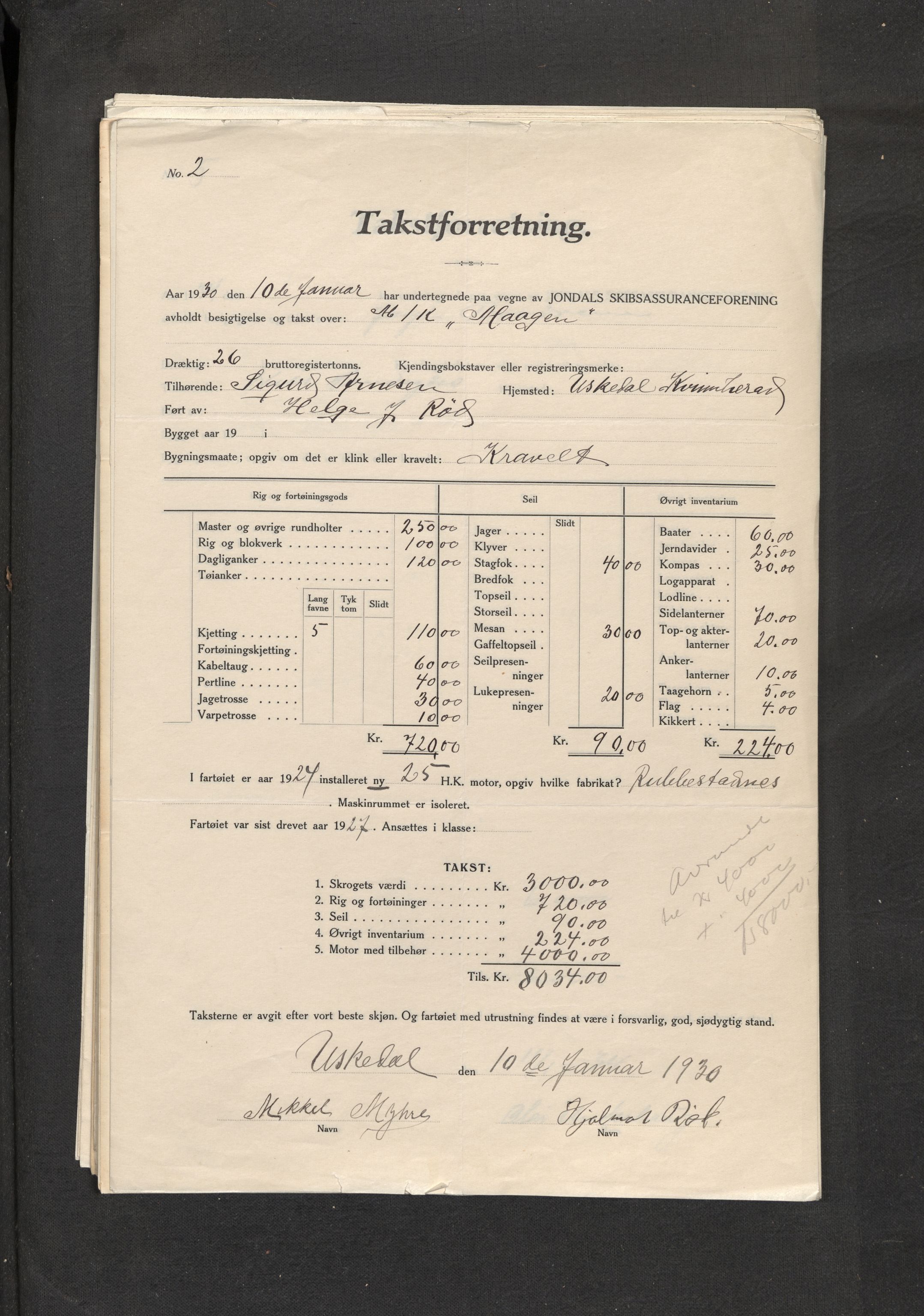 Jondal Skipsassuranseforening, AV/SAB-SAB/PA-0276/E/L0053: Takster , 1929-1935