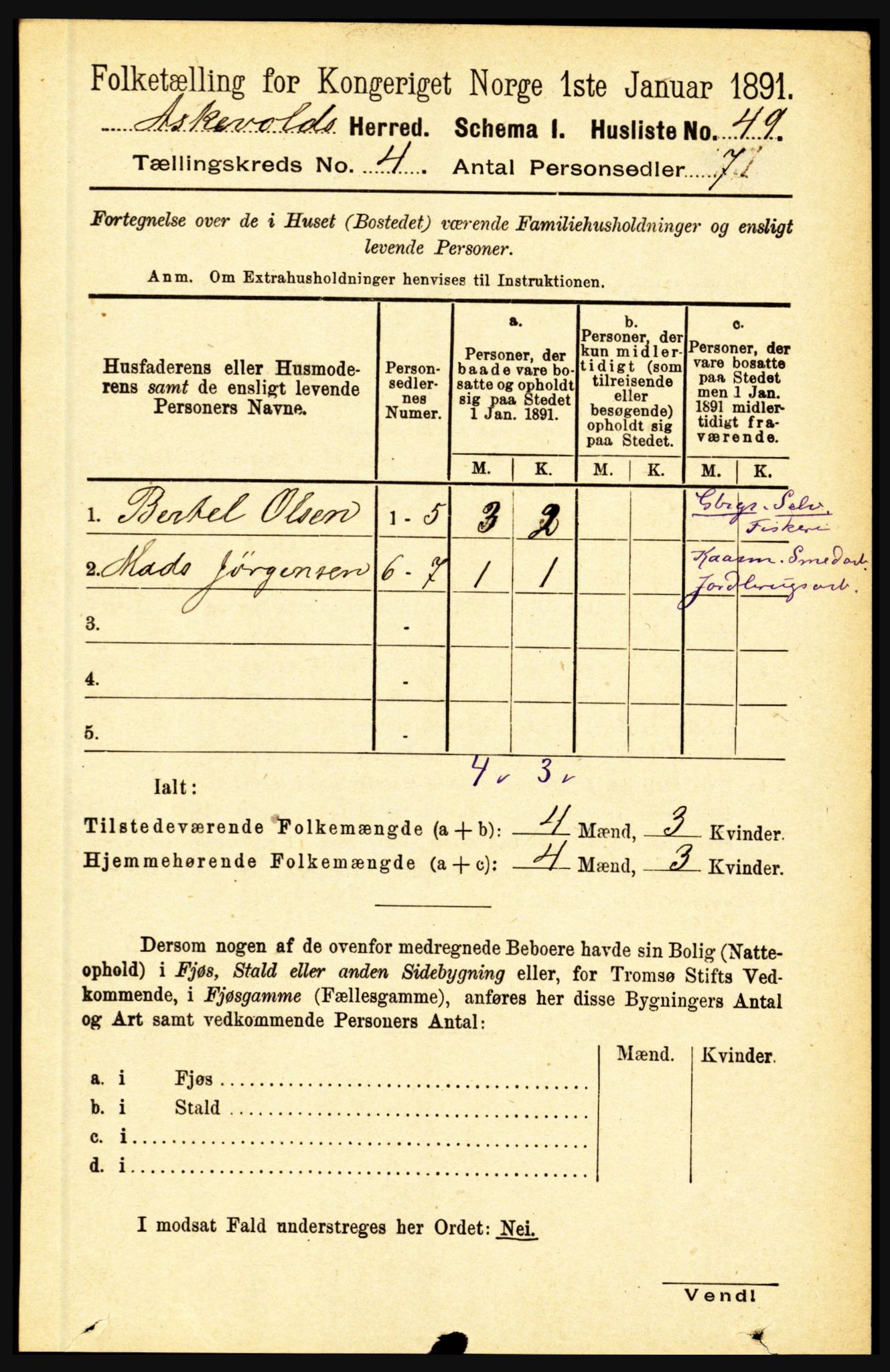 RA, 1891 census for 1428 Askvoll, 1891, p. 1237