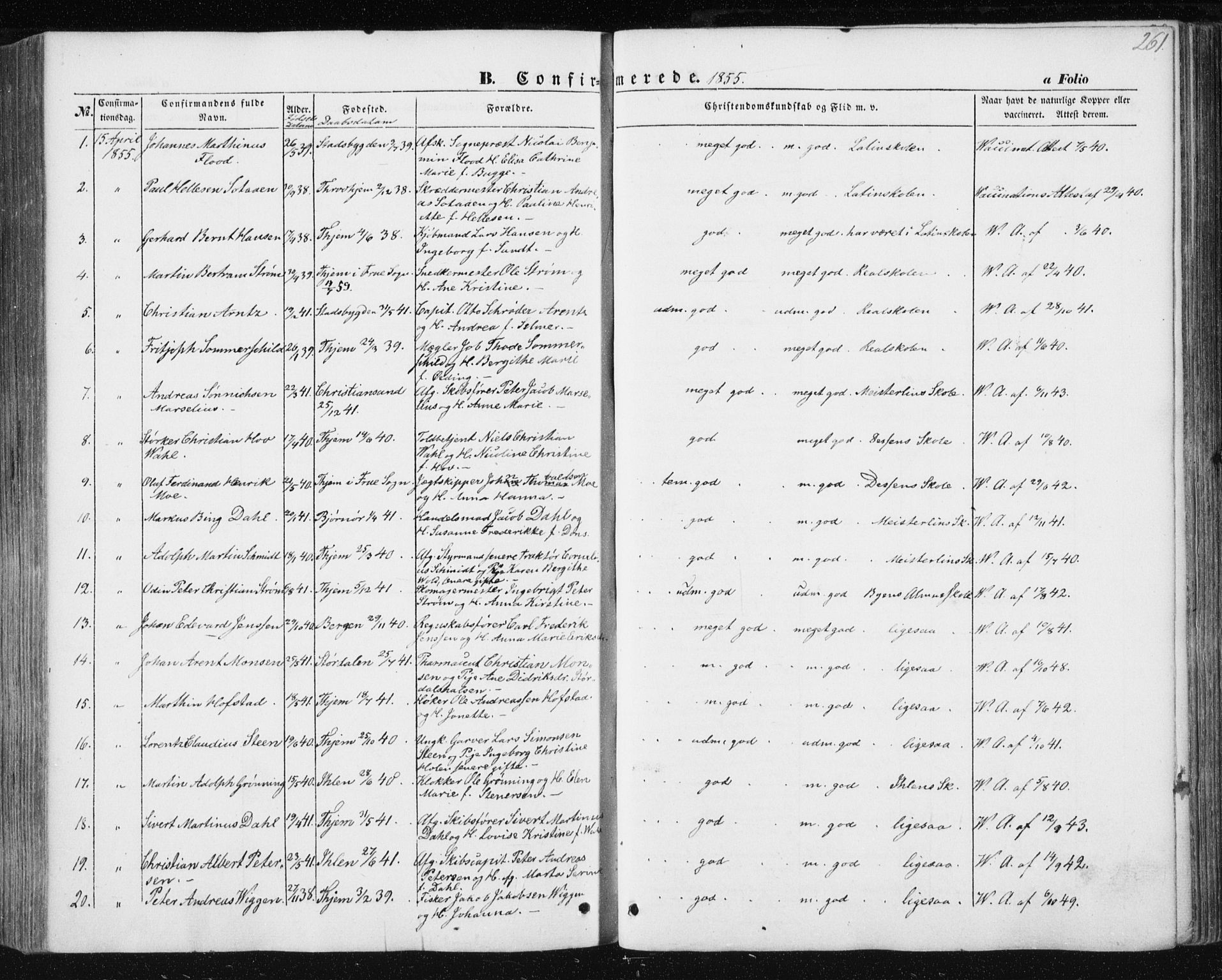 Ministerialprotokoller, klokkerbøker og fødselsregistre - Sør-Trøndelag, SAT/A-1456/602/L0112: Parish register (official) no. 602A10, 1848-1859, p. 261