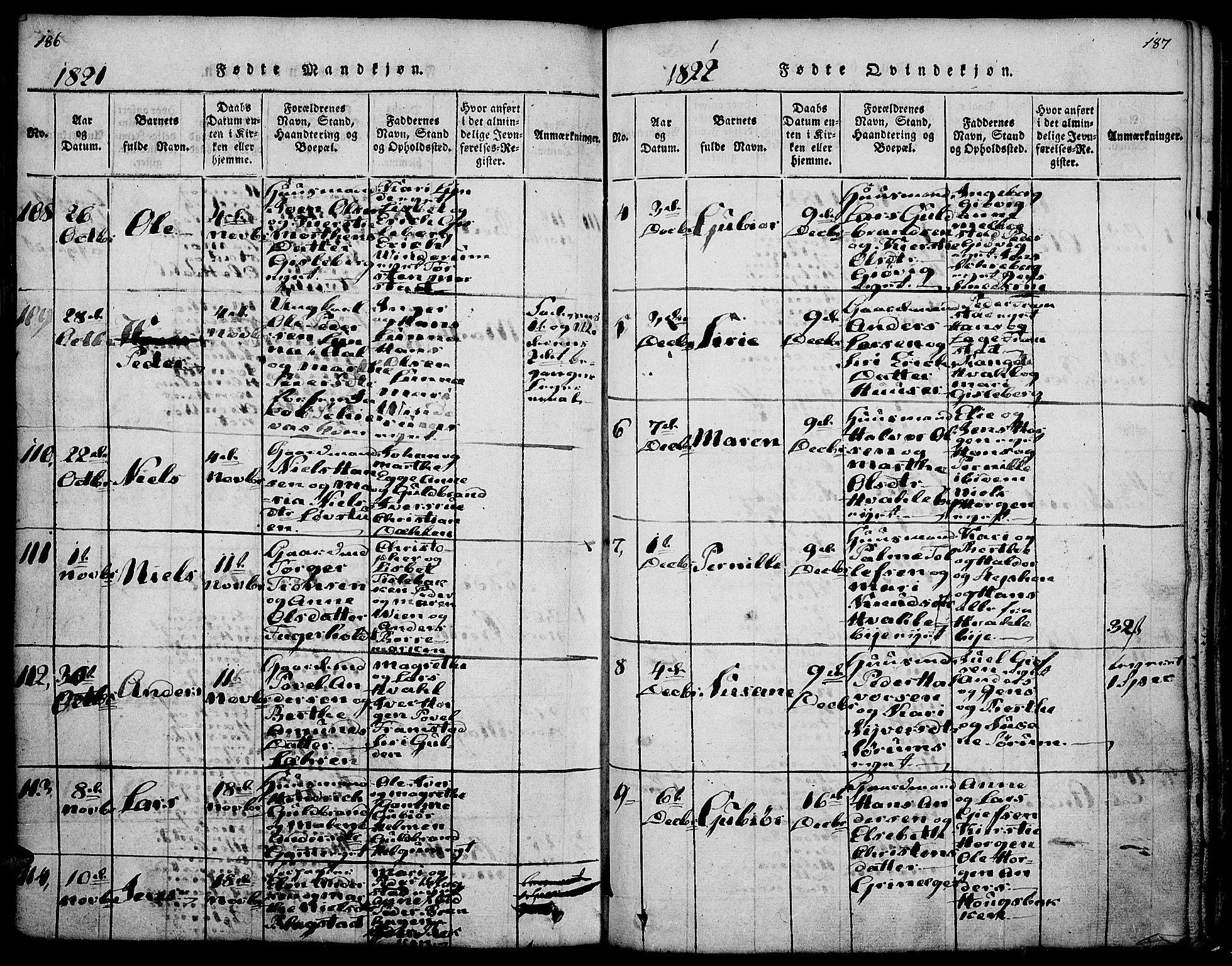 Gran prestekontor, SAH/PREST-112/H/Ha/Haa/L0009: Parish register (official) no. 9, 1815-1824, p. 186-187