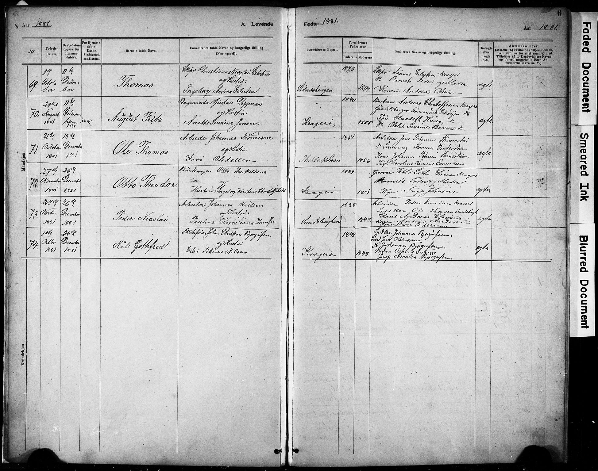 Kragerø kirkebøker, AV/SAKO-A-278/G/Ga/L0007: Parish register (copy) no. 7, 1881-1927, p. 6