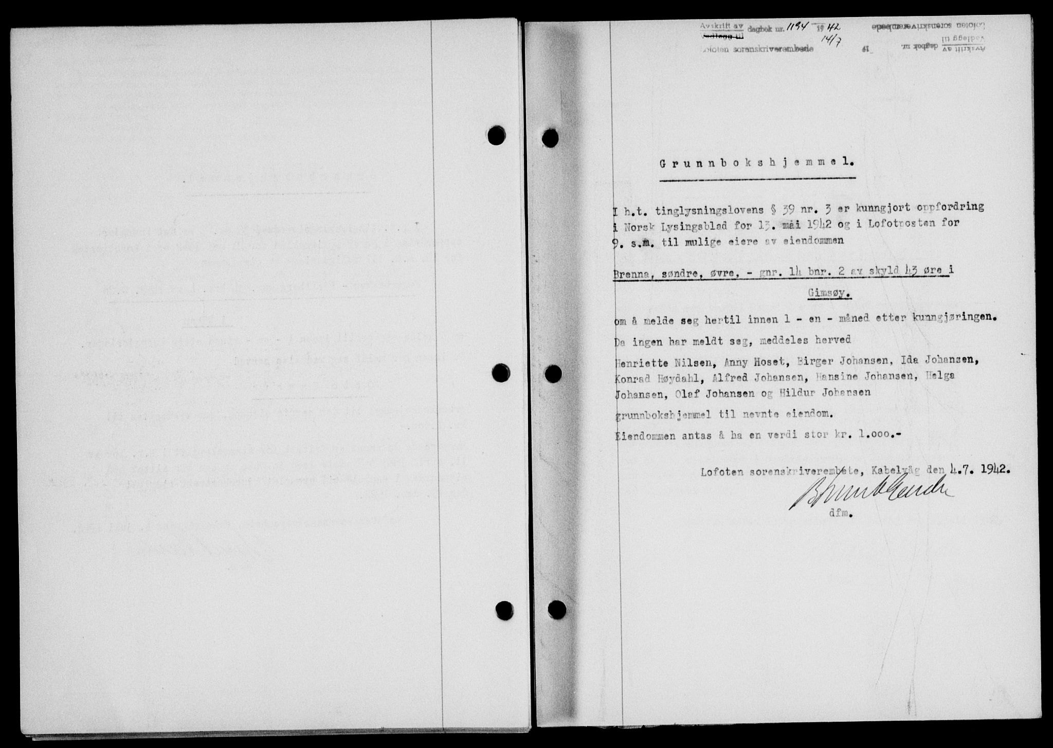 Lofoten sorenskriveri, SAT/A-0017/1/2/2C/L0010a: Mortgage book no. 10a, 1942-1943, Diary no: : 1194/1942