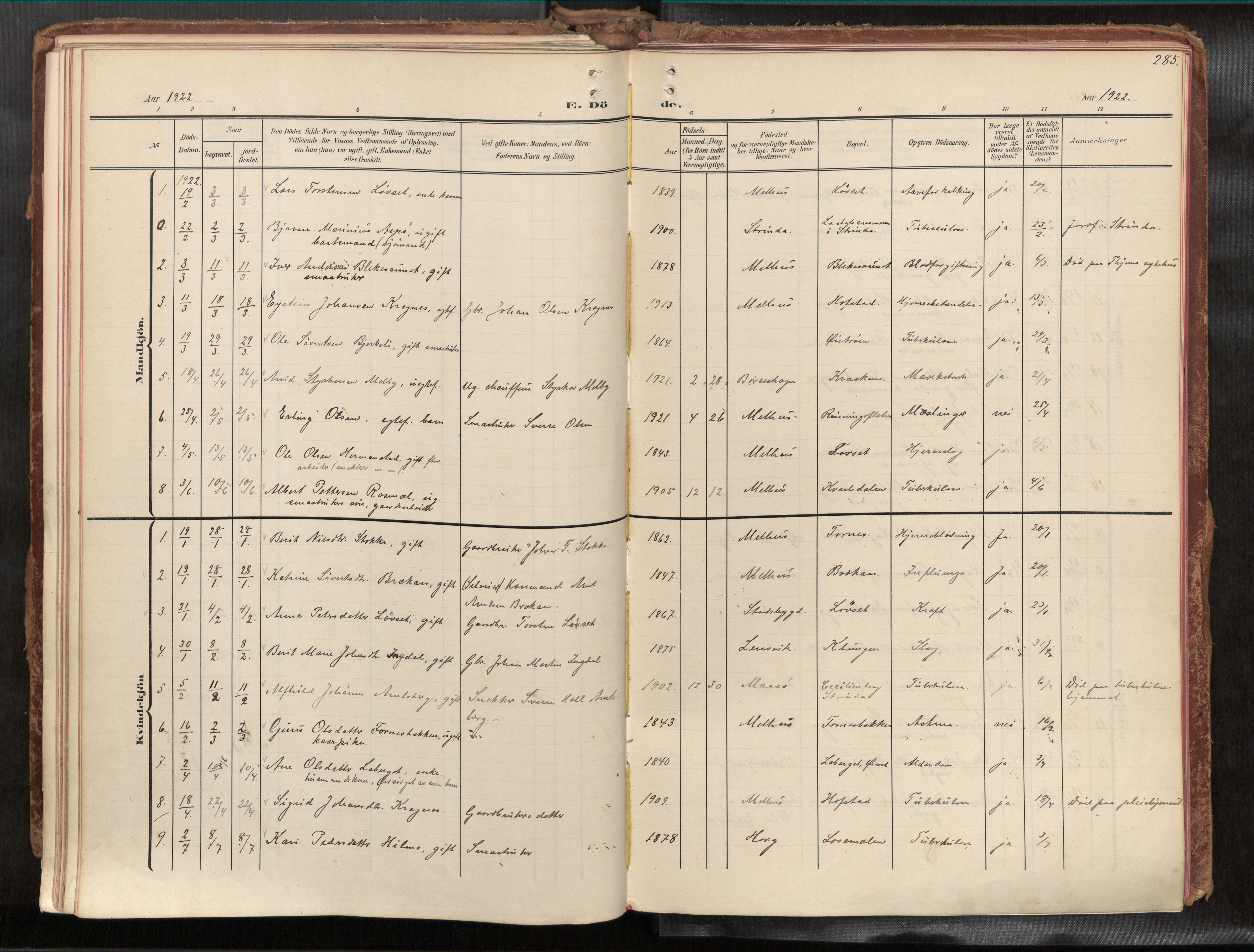Ministerialprotokoller, klokkerbøker og fødselsregistre - Sør-Trøndelag, SAT/A-1456/691/L1085b: Parish register (official) no. 691A18, 1908-1930, p. 285
