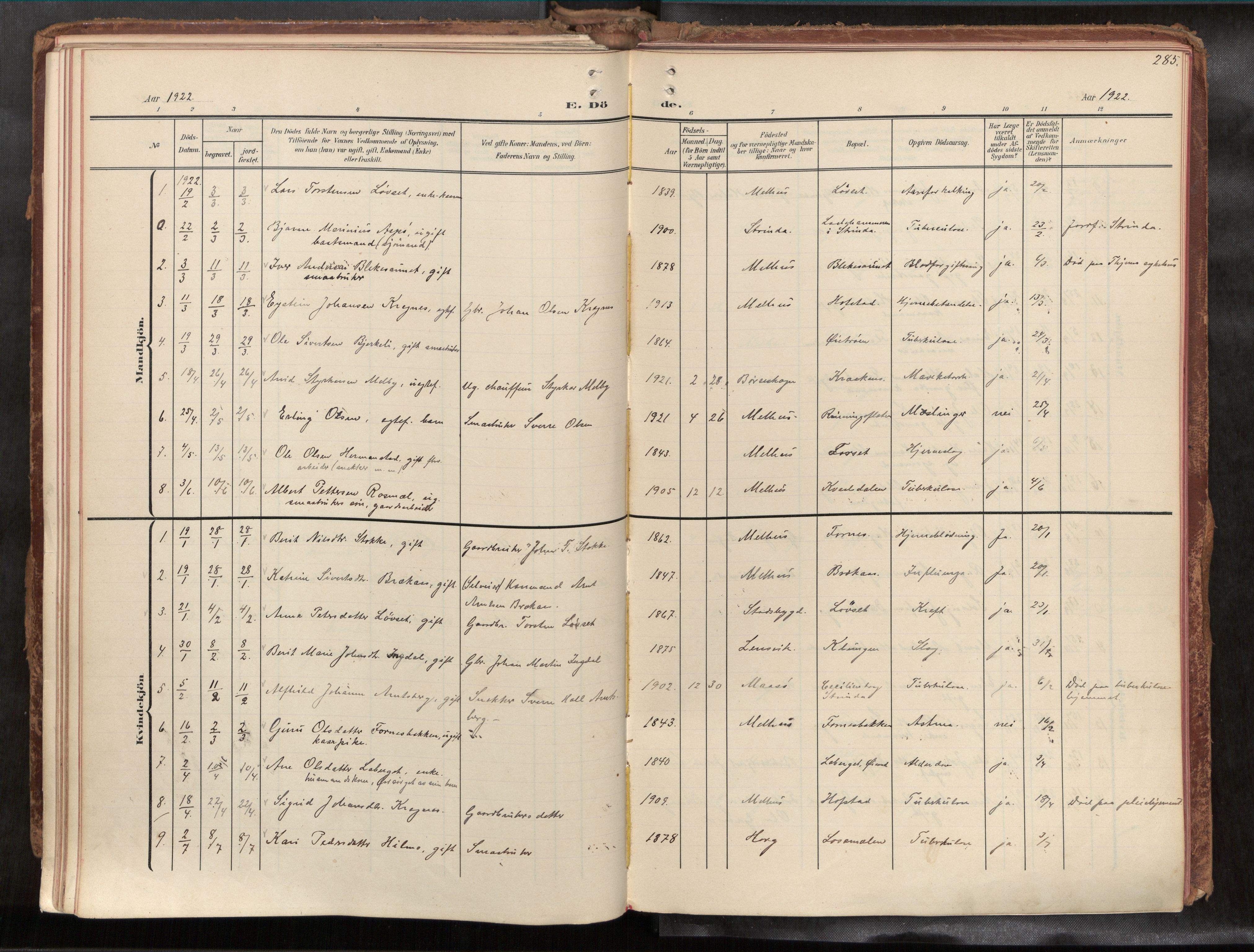 Ministerialprotokoller, klokkerbøker og fødselsregistre - Sør-Trøndelag, AV/SAT-A-1456/691/L1085b: Parish register (official) no. 691A18, 1908-1930, p. 285