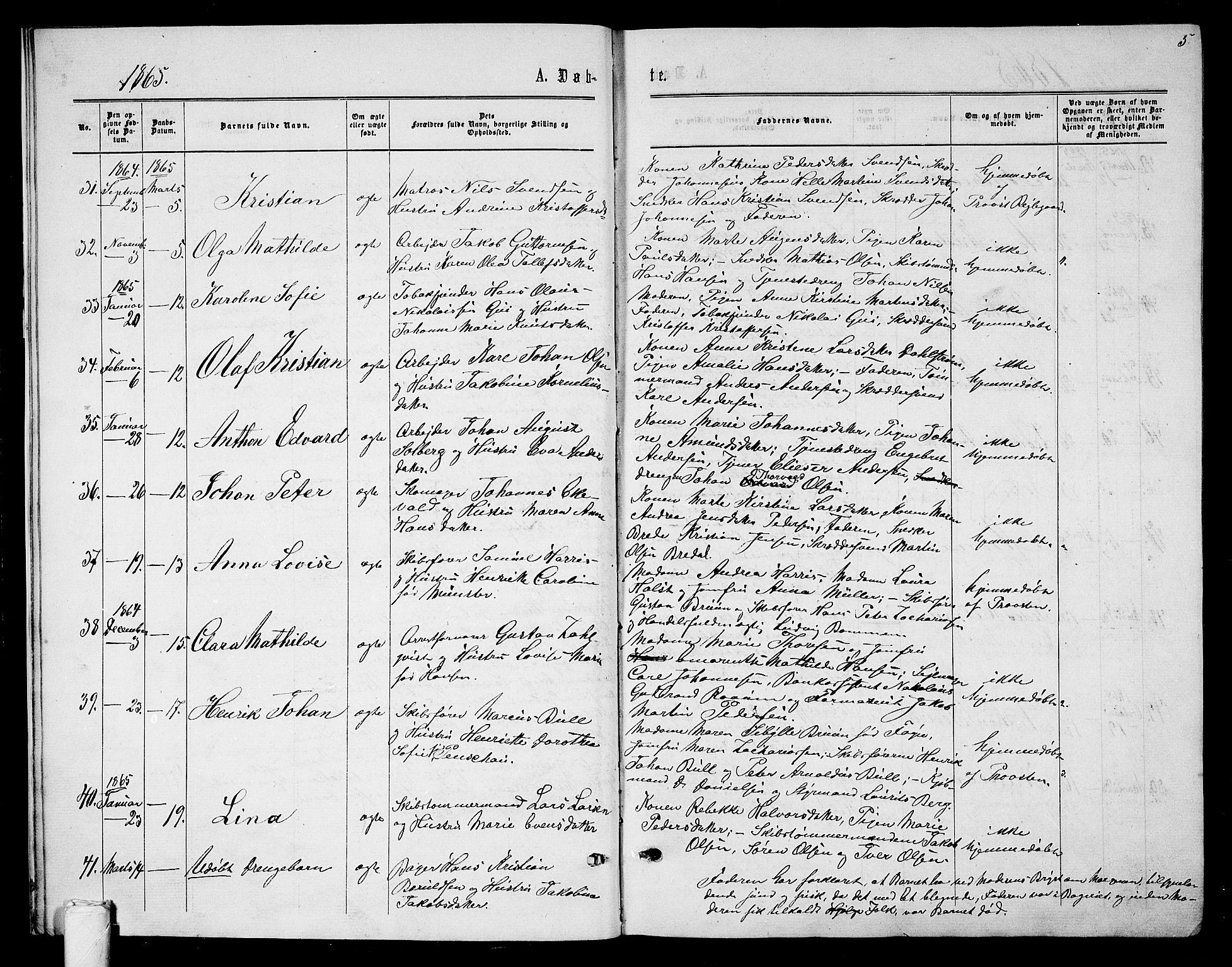 Tønsberg kirkebøker, AV/SAKO-A-330/G/Ga/L0004: Parish register (copy) no. 4, 1865-1874, p. 5