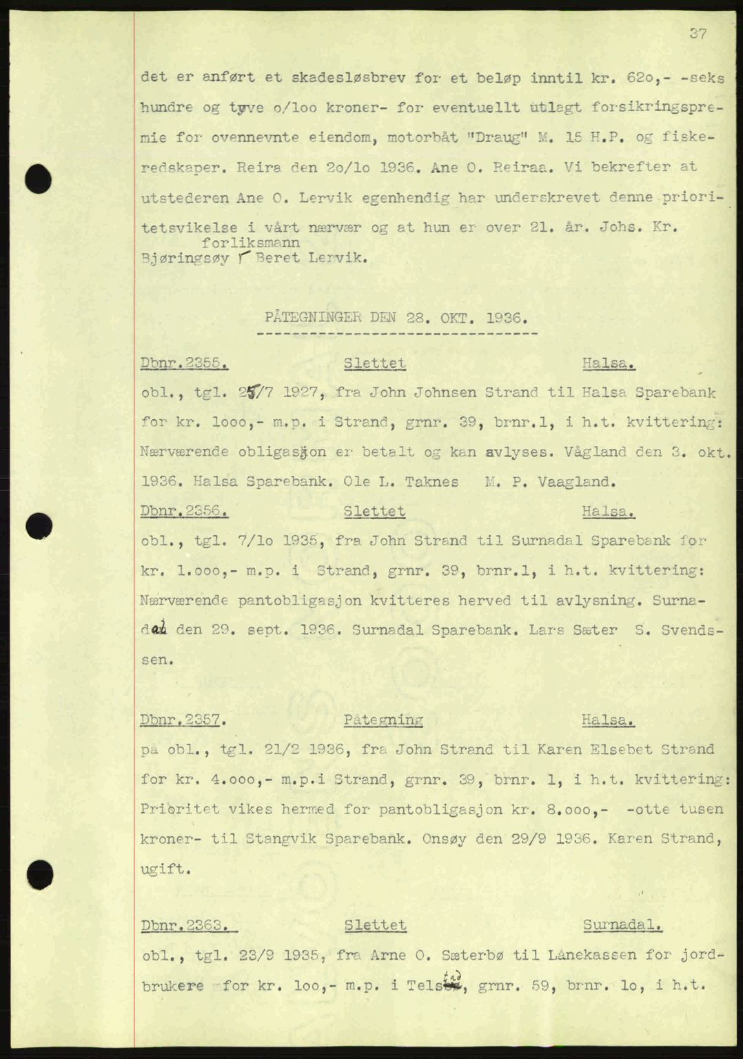 Nordmøre sorenskriveri, AV/SAT-A-4132/1/2/2Ca: Mortgage book no. C80, 1936-1939, Diary no: : 2355/1936