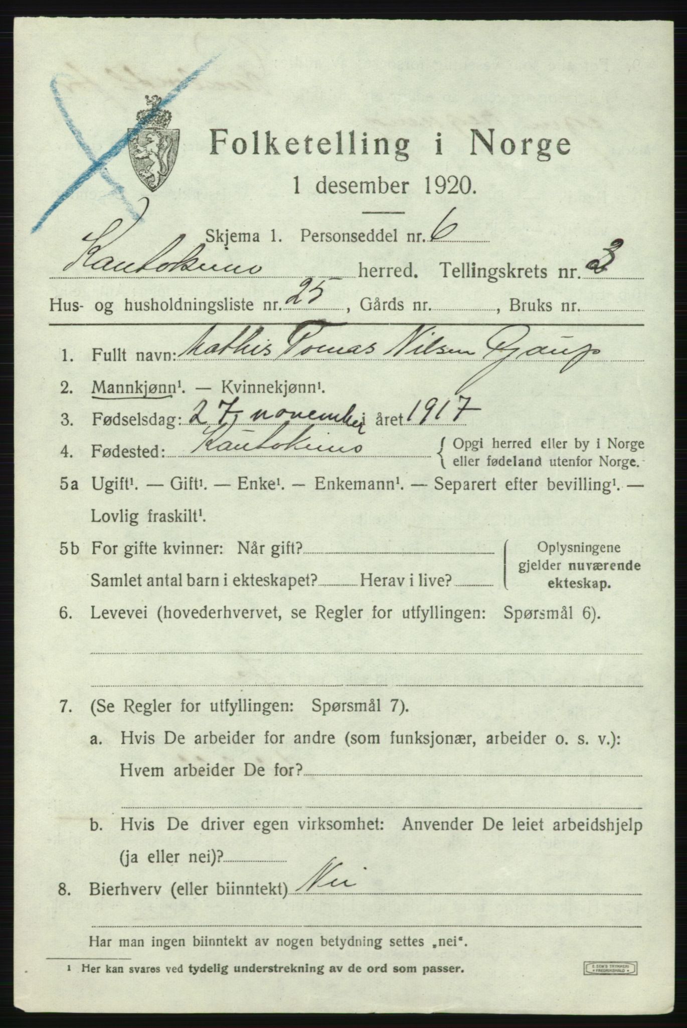 SATØ, 1920 census for Kautokeino, 1920, p. 1687