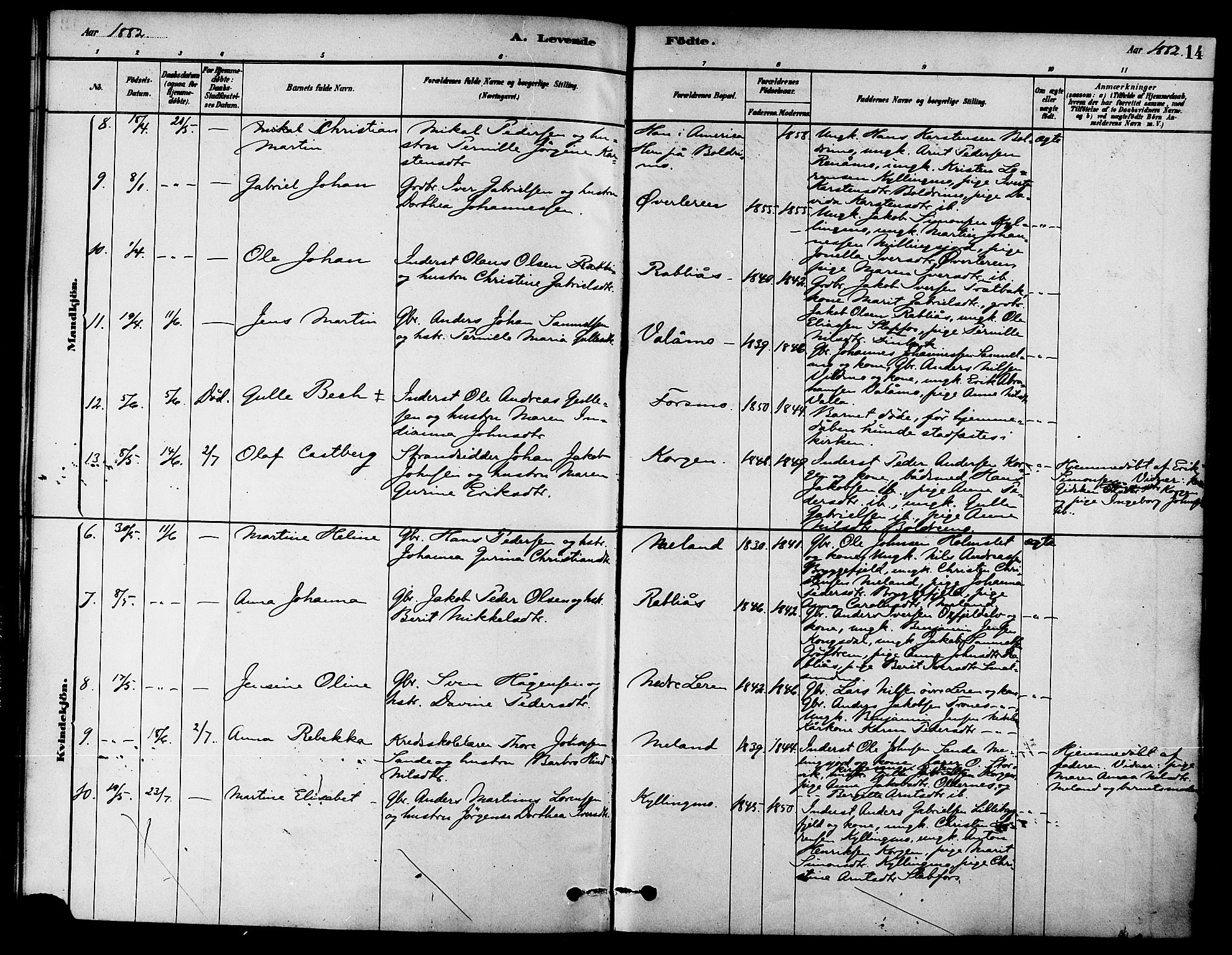 Ministerialprotokoller, klokkerbøker og fødselsregistre - Nordland, AV/SAT-A-1459/826/L0379: Parish register (official) no. 826A02, 1878-1895, p. 14