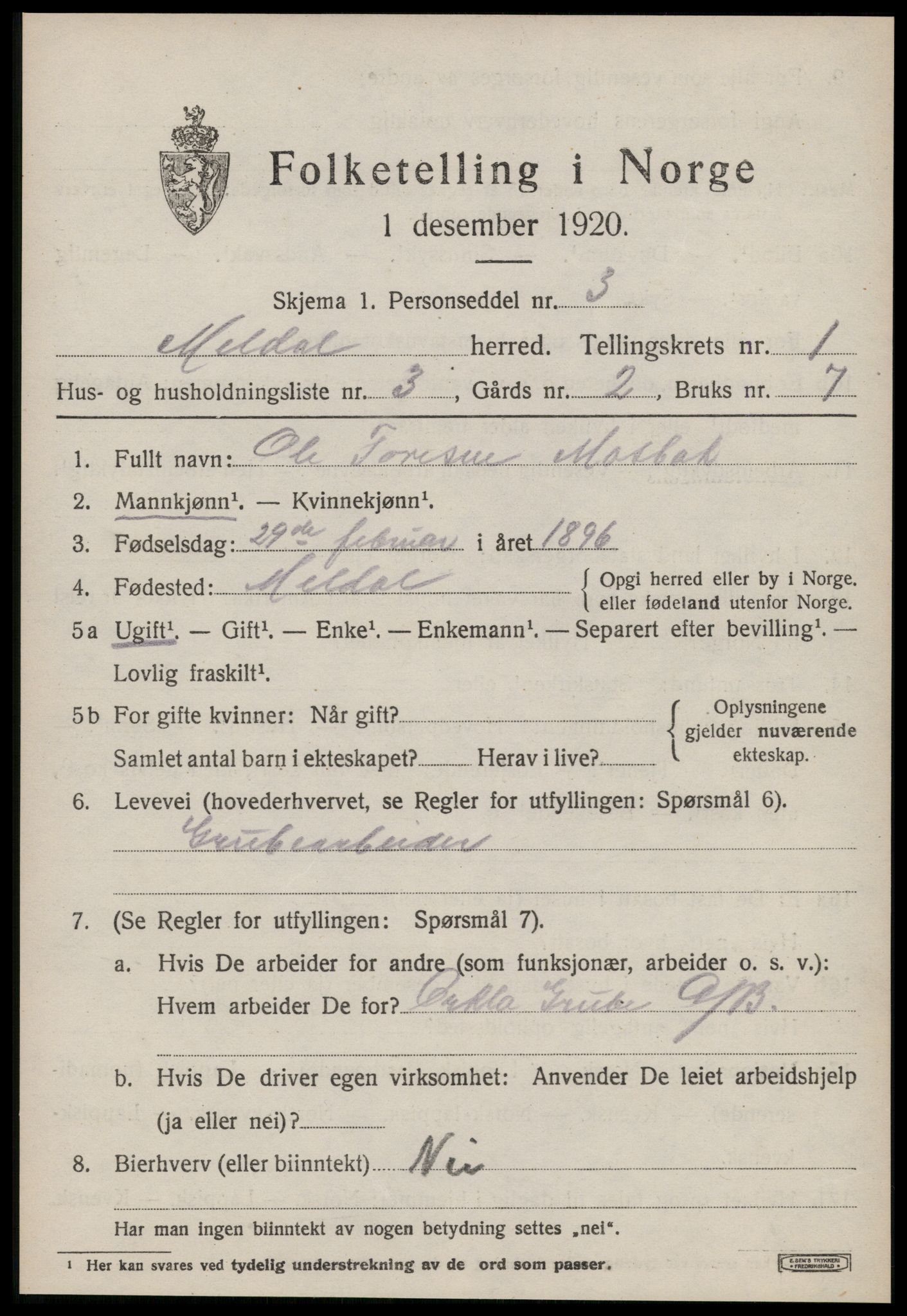 SAT, 1920 census for Meldal, 1920, p. 1881