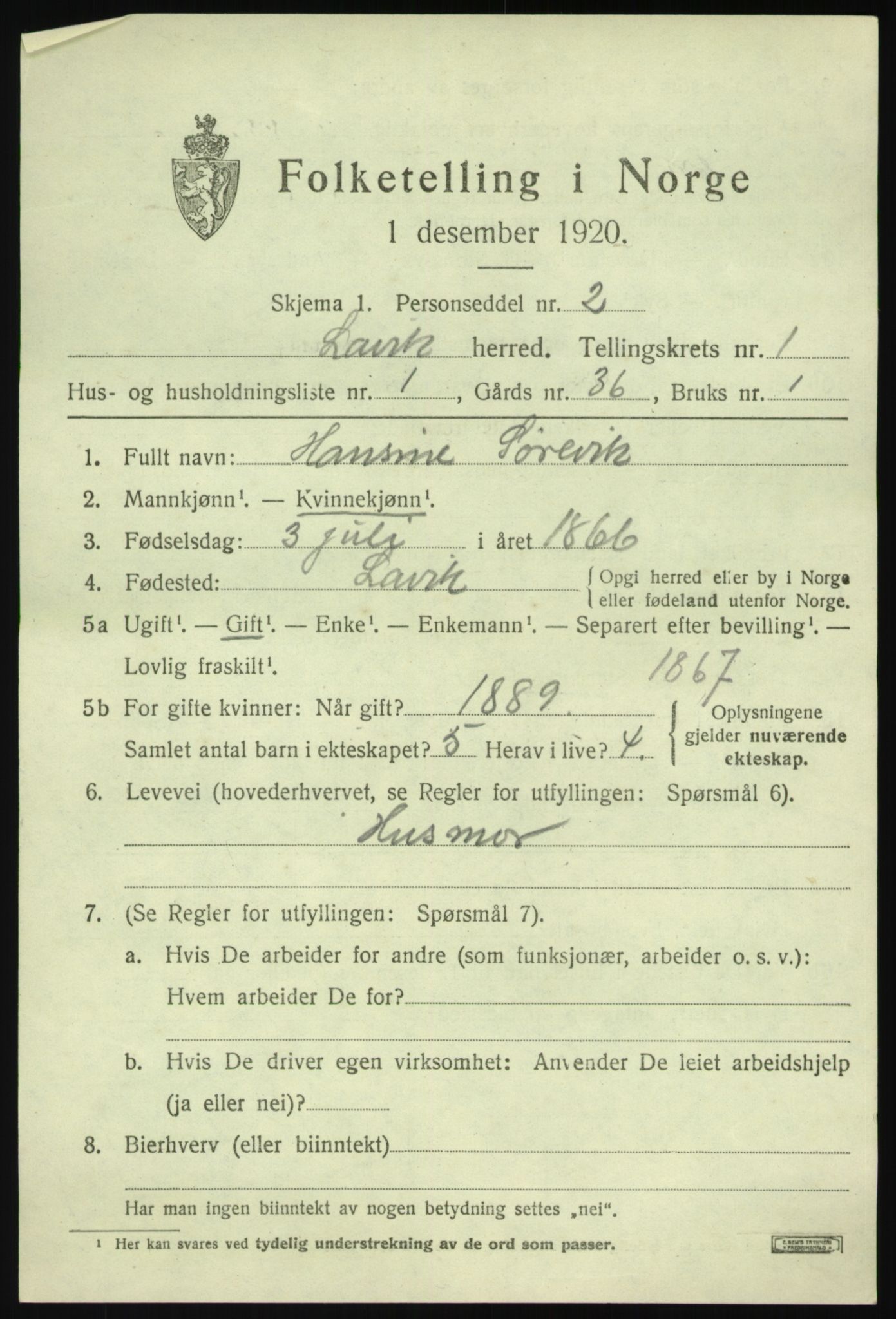 SAB, 1920 census for Lavik, 1920, p. 394