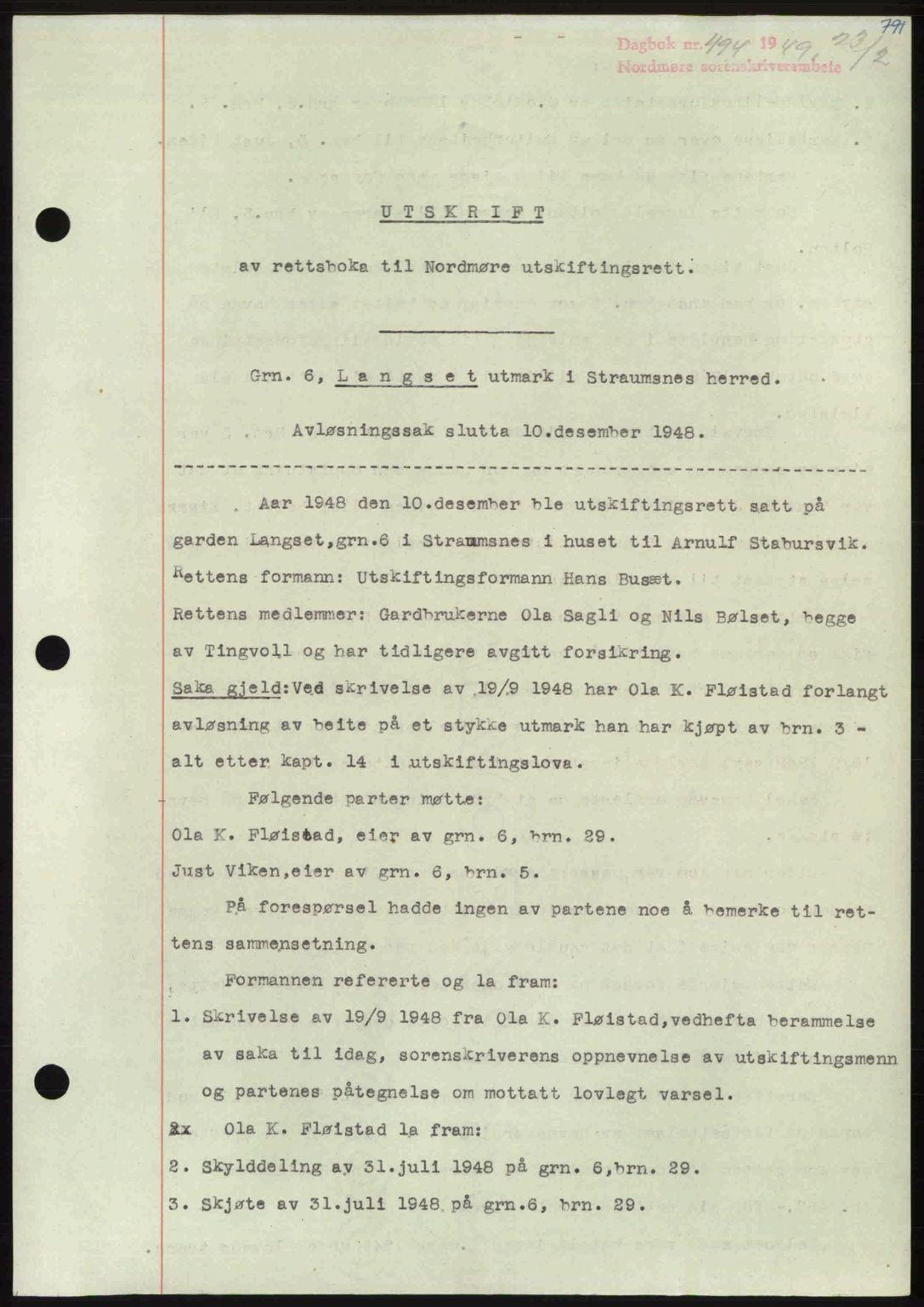 Nordmøre sorenskriveri, AV/SAT-A-4132/1/2/2Ca: Mortgage book no. A110, 1948-1949, Diary no: : 494/1949