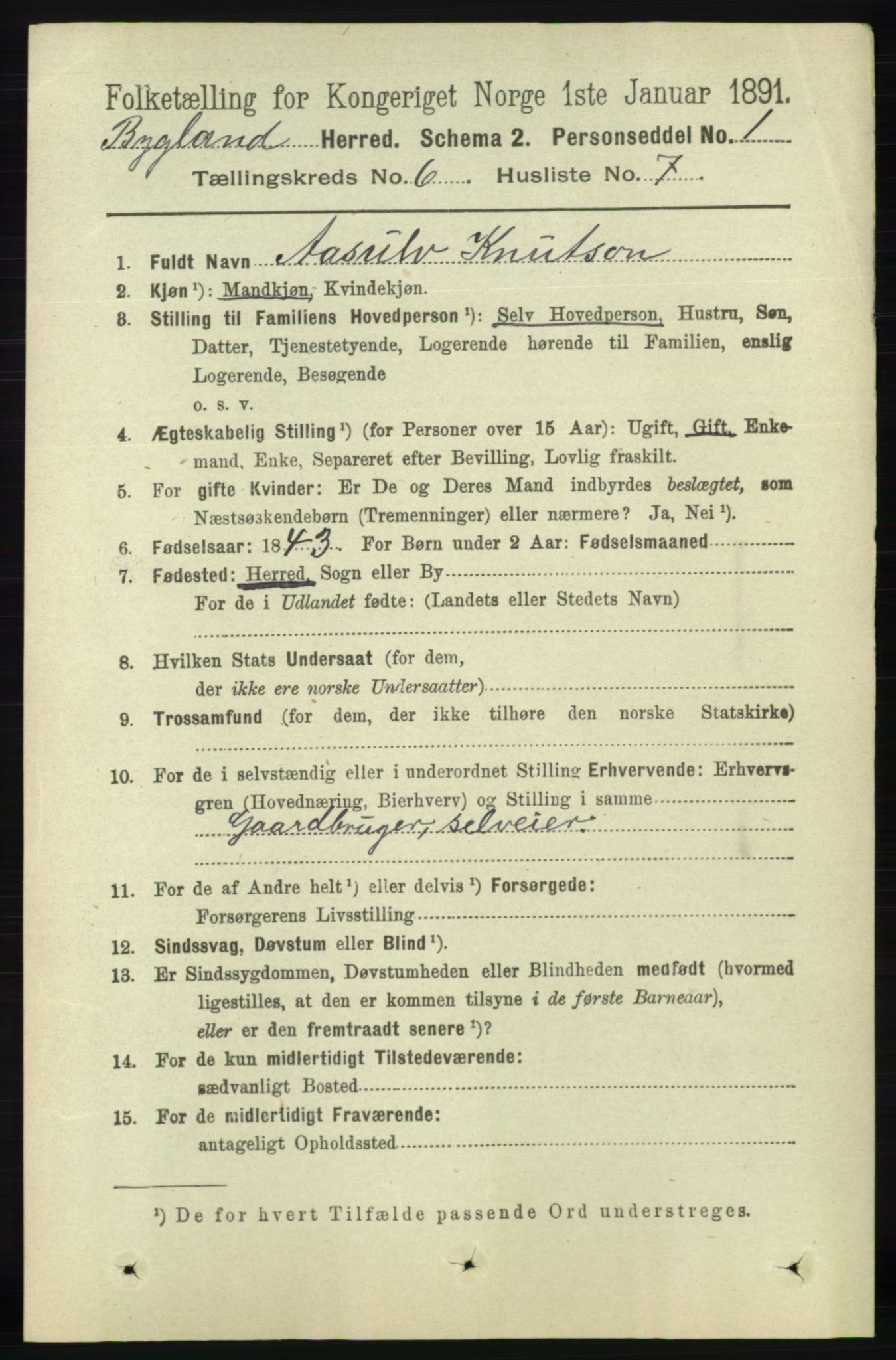 RA, 1891 census for 0938 Bygland, 1891, p. 1375