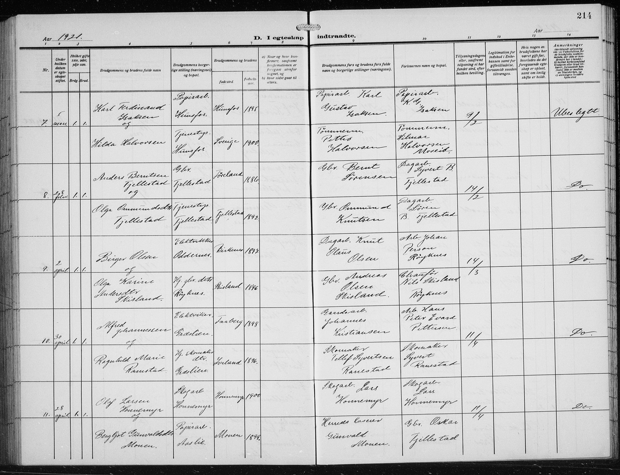Vennesla sokneprestkontor, SAK/1111-0045/Fb/Fbb/L0006: Parish register (copy) no. B 6, 1914-1921, p. 214