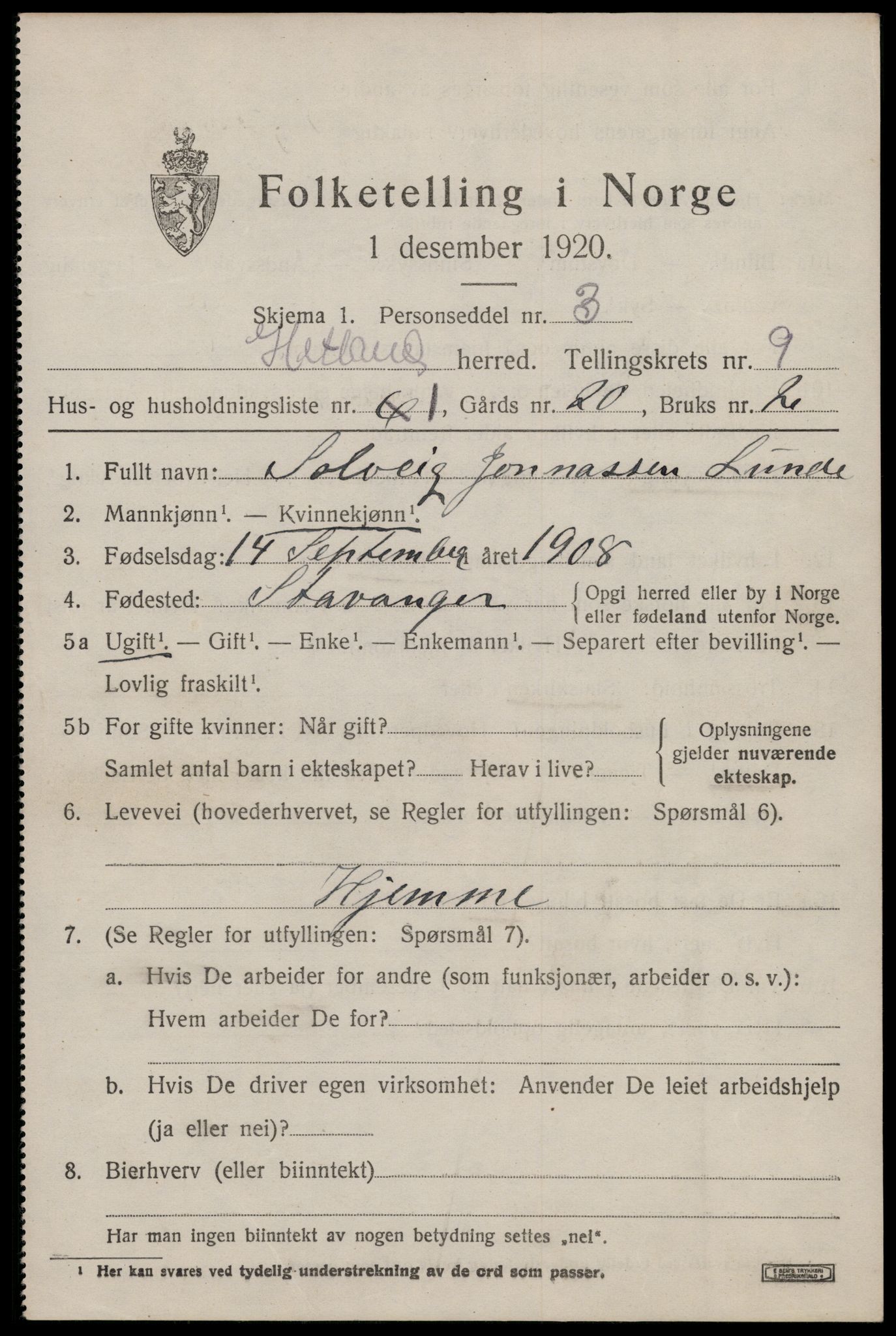 SAST, 1920 census for Hetland, 1920, p. 17721