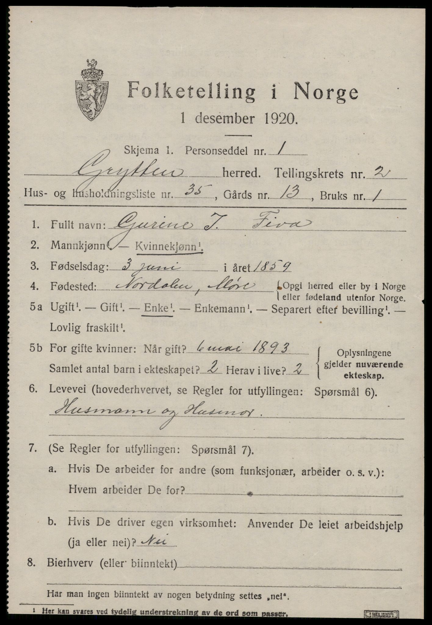 SAT, 1920 census for Grytten, 1920, p. 2218